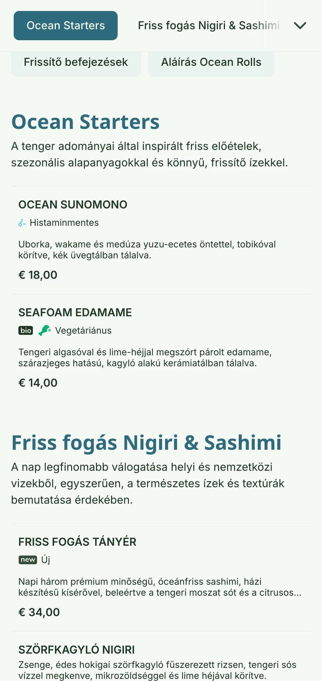 Az óceán színei által inspirált friss és élénk sushi menü design, amely nyugtató kék palettával ideális a tenger gyümölcseire összpontosító létesítmények számára.