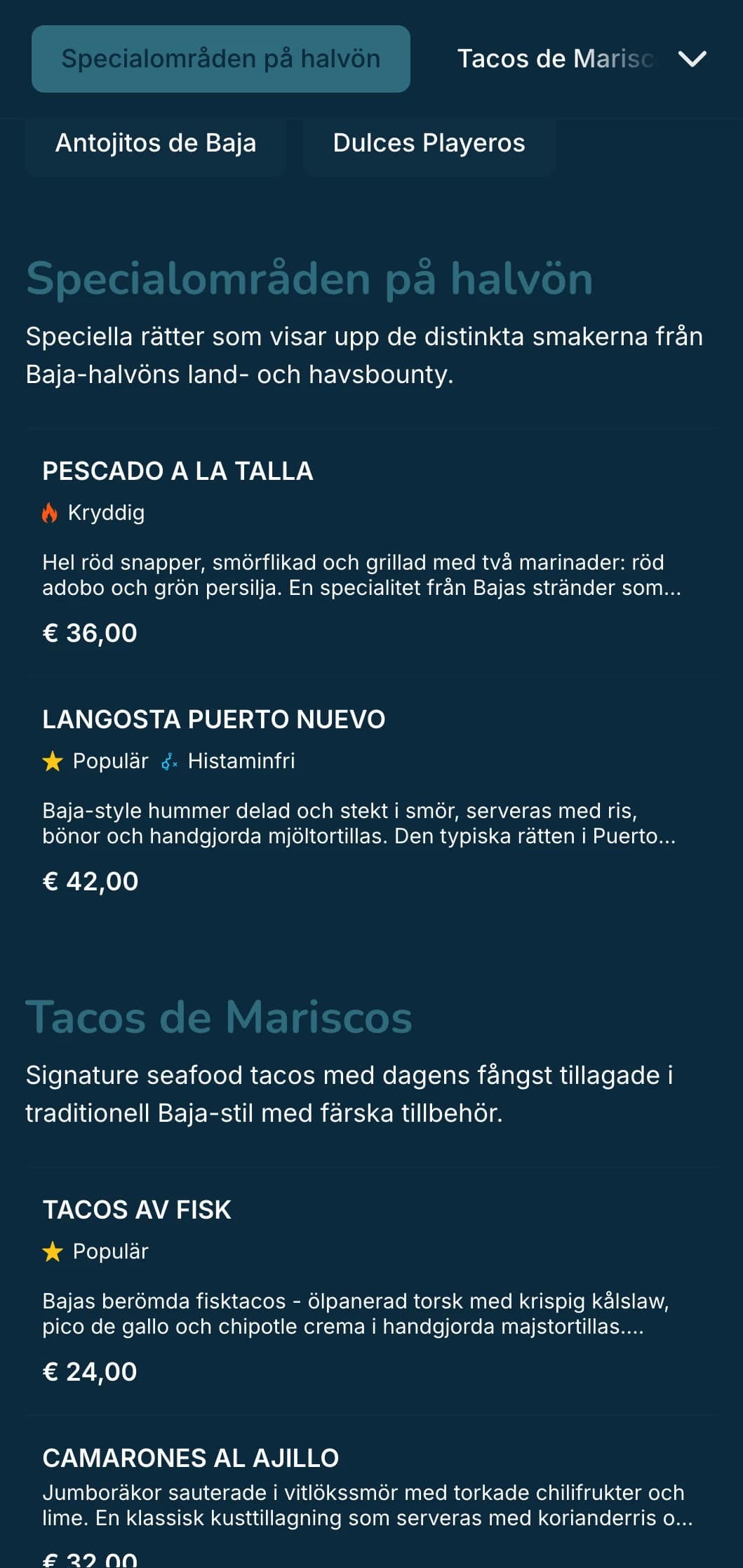 Lätt och uppfriskande Baja-inspirerad meny med skaldjurstacos, färska ingredienser och kustblå accenter med en modern strandvibe.