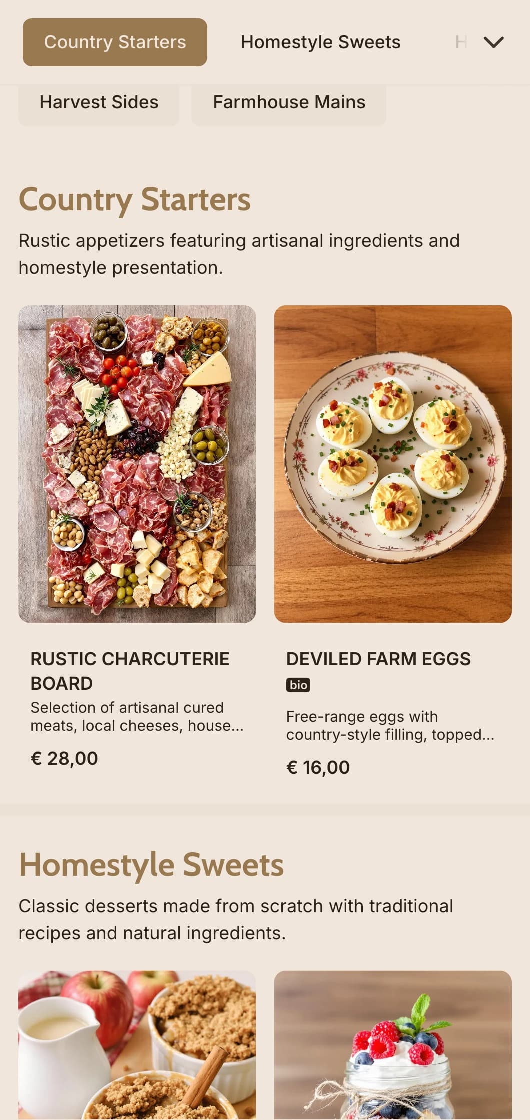 Warm country-inspired catering featuring hearty dishes, family-style service, and rustic presentation for barn weddings and countryside events.