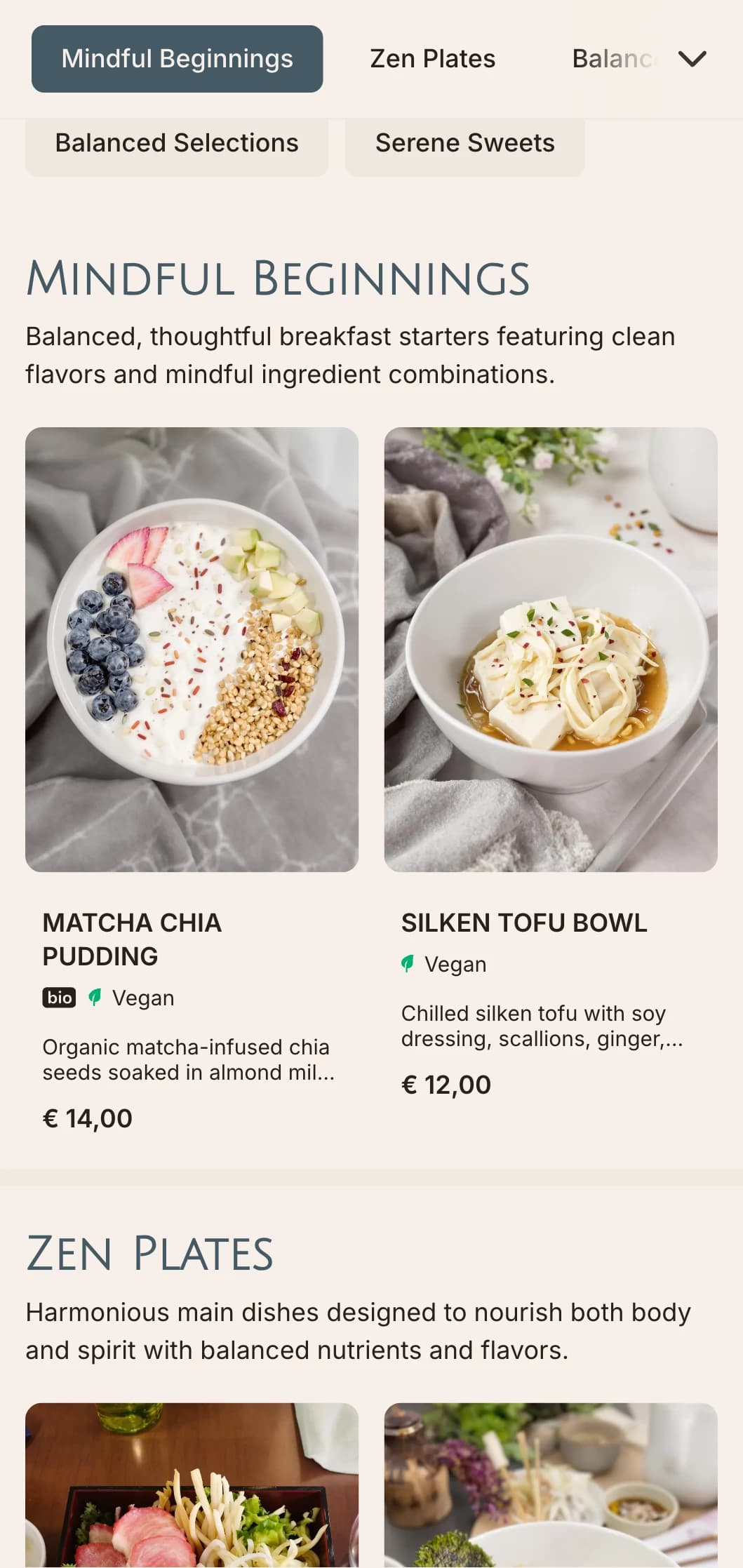 Tranquil, balanced brunch template with Asian influences, suited for wellness cafés offering matcha and mindful dining experiences.