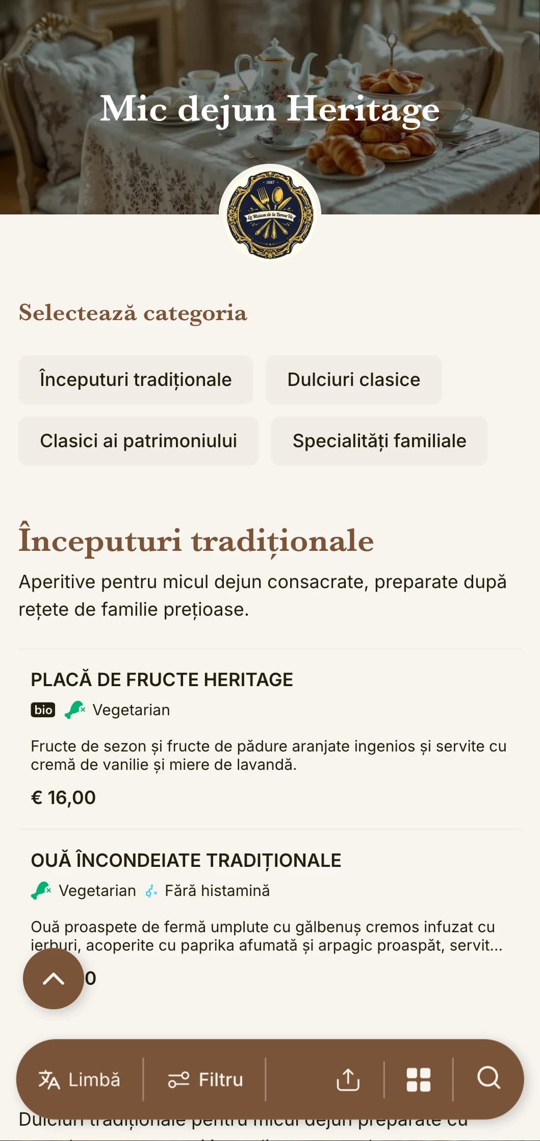 Selecții tradiționale de mic dejun inspirate de rețete de familie atemporale și tehnici culinare clasice.