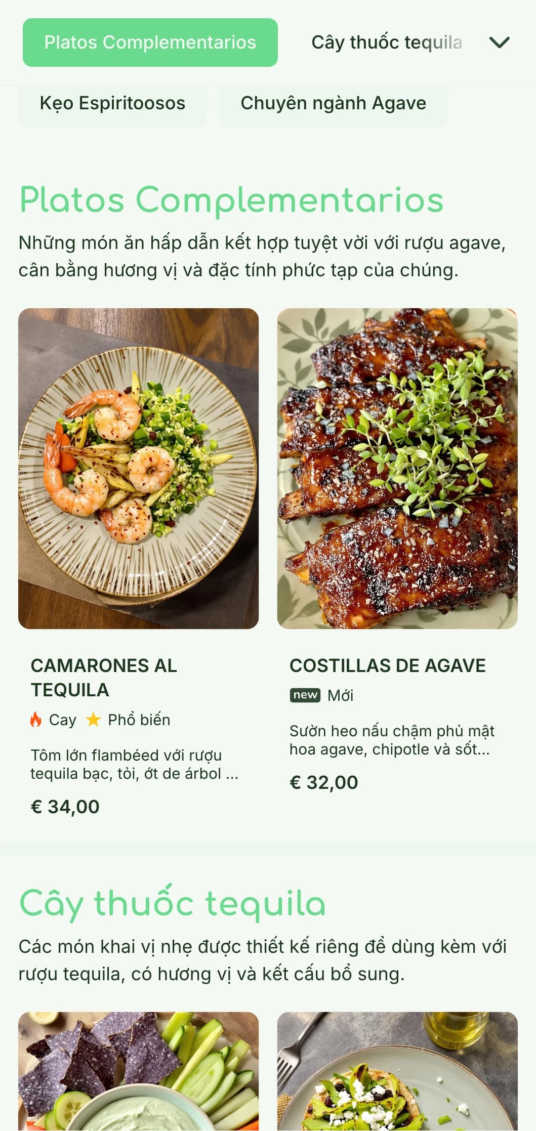 Thực đơn quầy bar rượu tequila tươi và tinh tế với điểm nhấn là hương agave xanh tươi, các thành phần thực vật và các loại rượu cao cấp kèm theo các món ăn nhẹ.