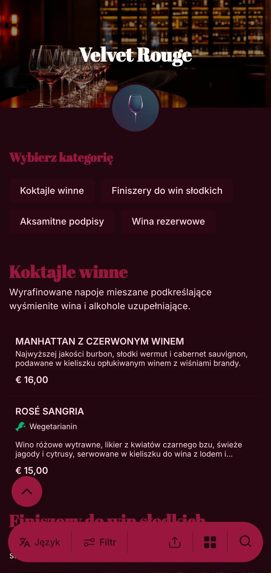 Luksusowy, dramatyczny projekt dla ekskluzywnych winiarni i salonów z bogatymi odcieniami czerwieni i odważną typografią.