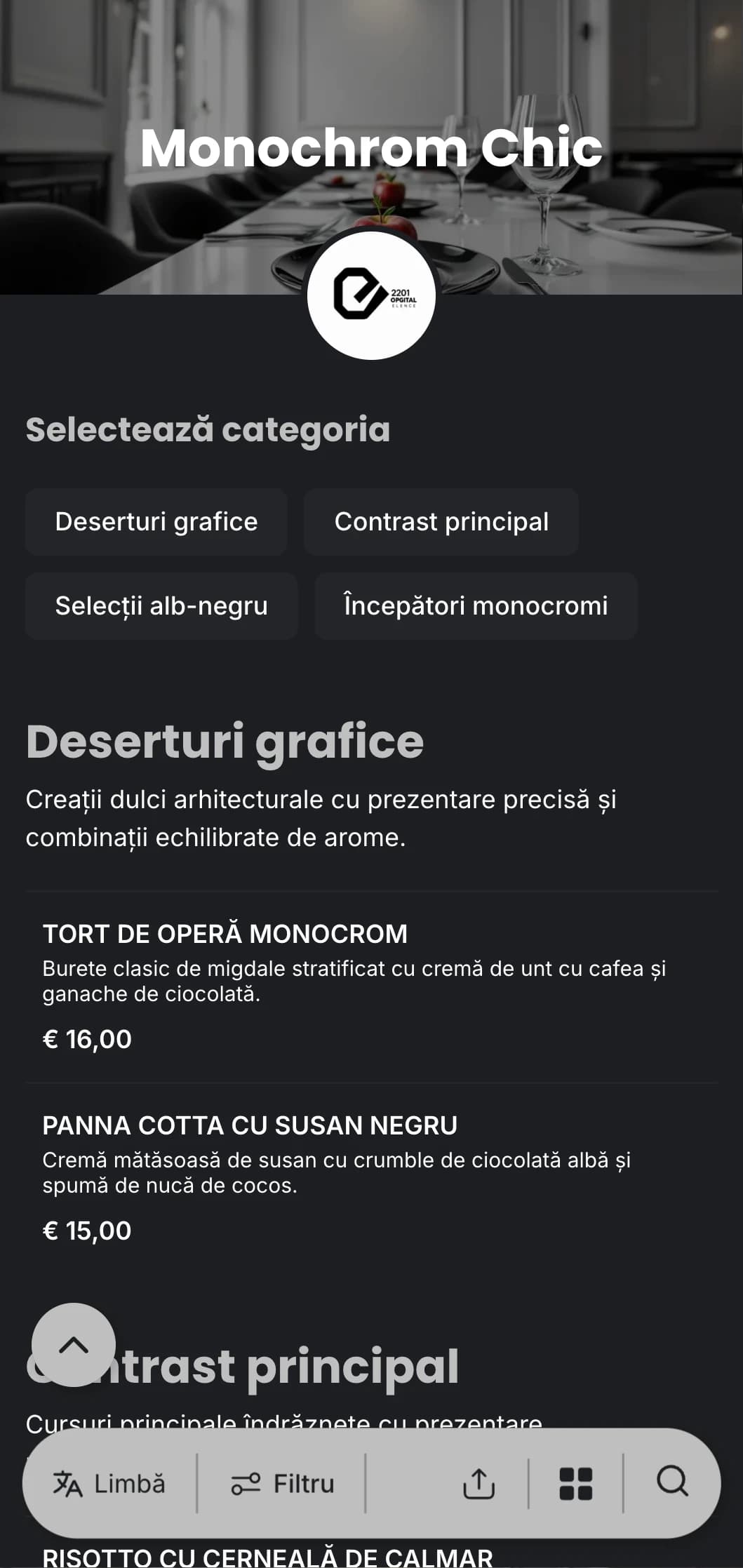 Un meniu de cină sofisticat, alb-negru, cu tipografie îndrăzneață și linii curate, conceput pentru mesele fine contemporane.