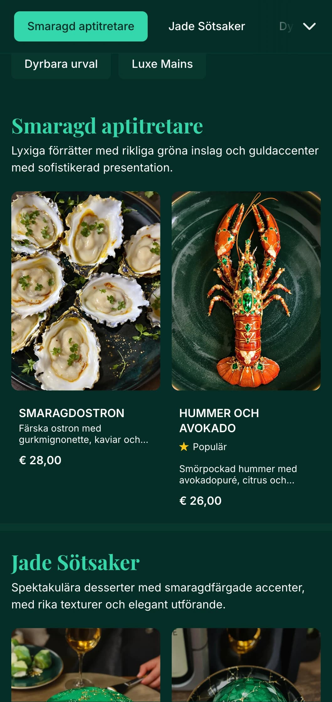 En lyxig middagsmeny med rika smaragdfärger och guldaccenter, utformad för exklusiva matställen.