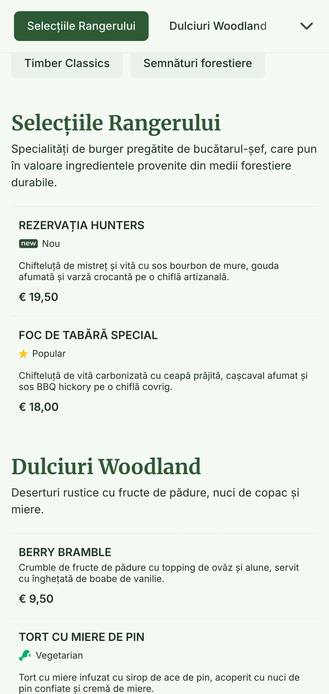 Experiență burger inspirată din pădure, cu texturi de lemn și o paletă de culori pământii.