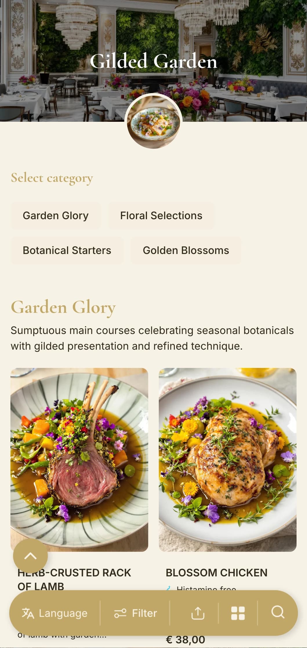 Opulent botanical concept combining lush greenery with gold accents and refined garden-inspired elements.