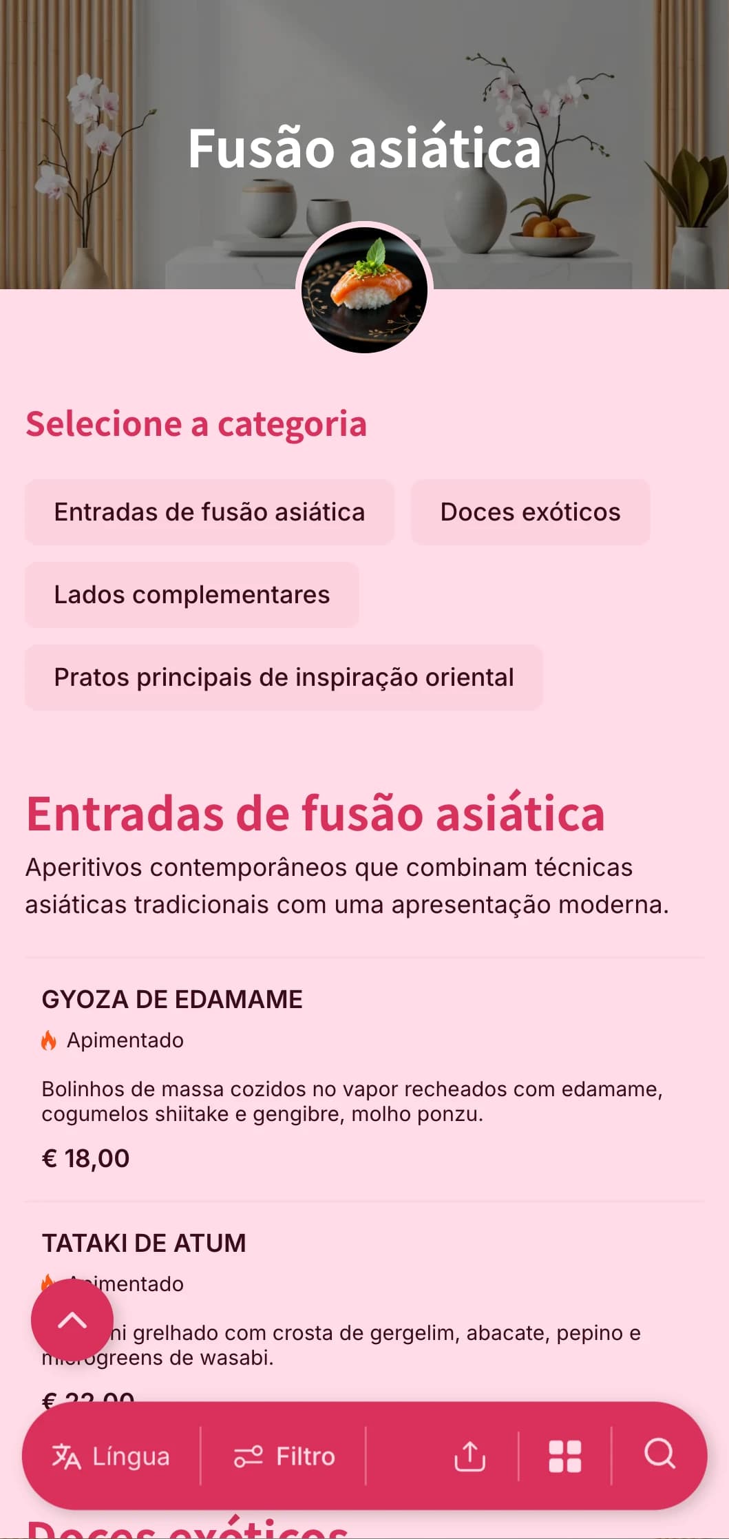 Serviço de bufê contemporâneo de inspiração asiática que combina técnicas tradicionais com apresentação moderna para eventos da moda e reuniões internacionais.