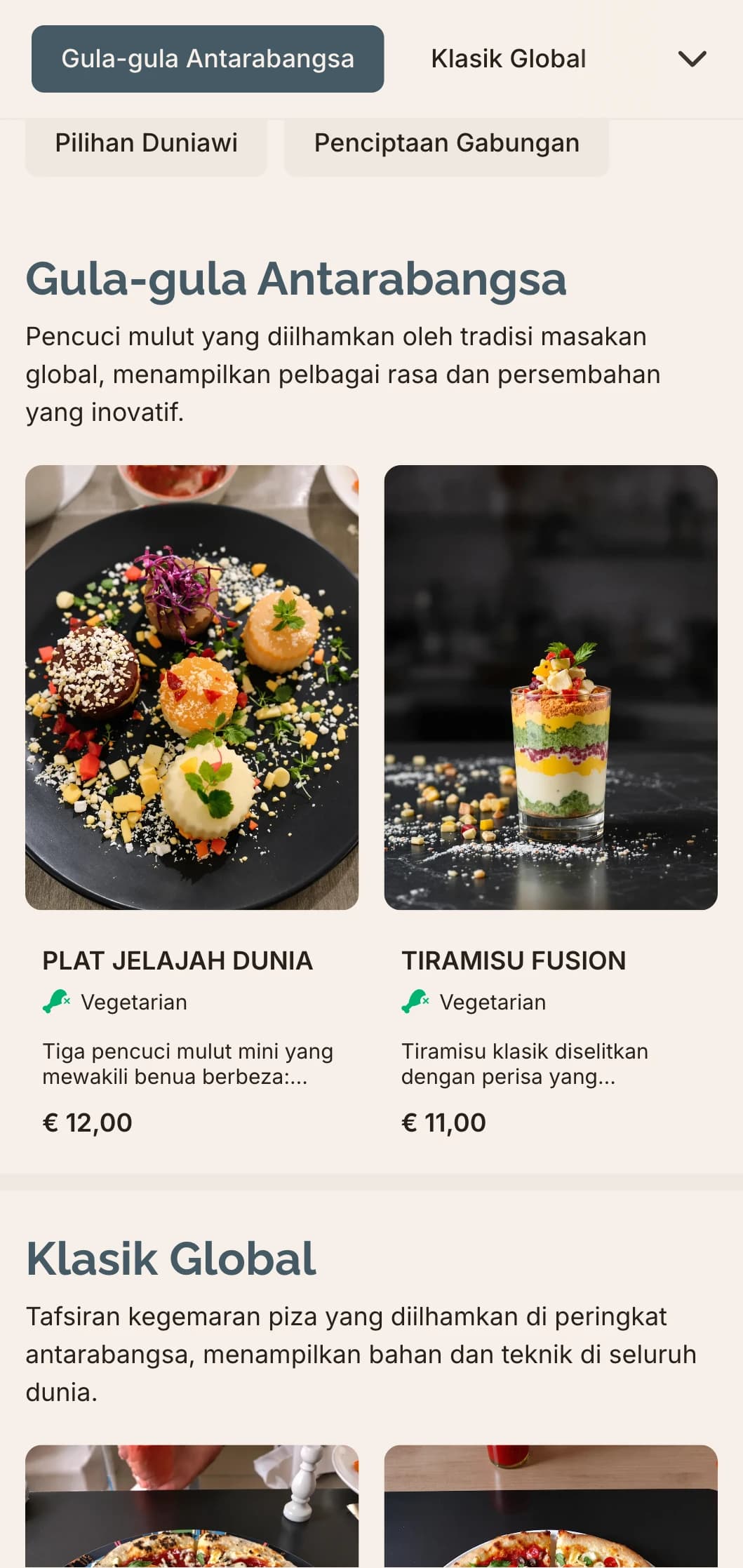 Menu pizza gabungan global dengan reka bentuk kontemporari untuk kombinasi rasa yang inovatif.