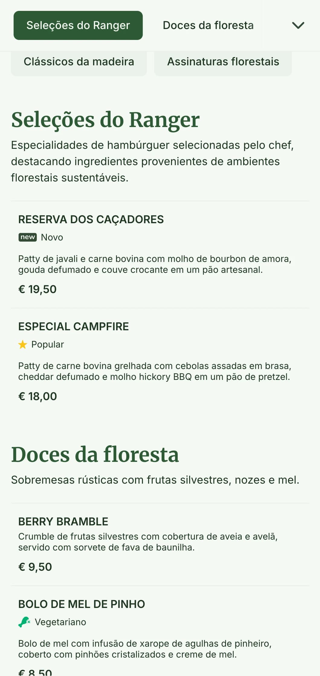 Experiência de hambúrguer inspirada na floresta, com texturas de madeira e paleta de cores terrosas.