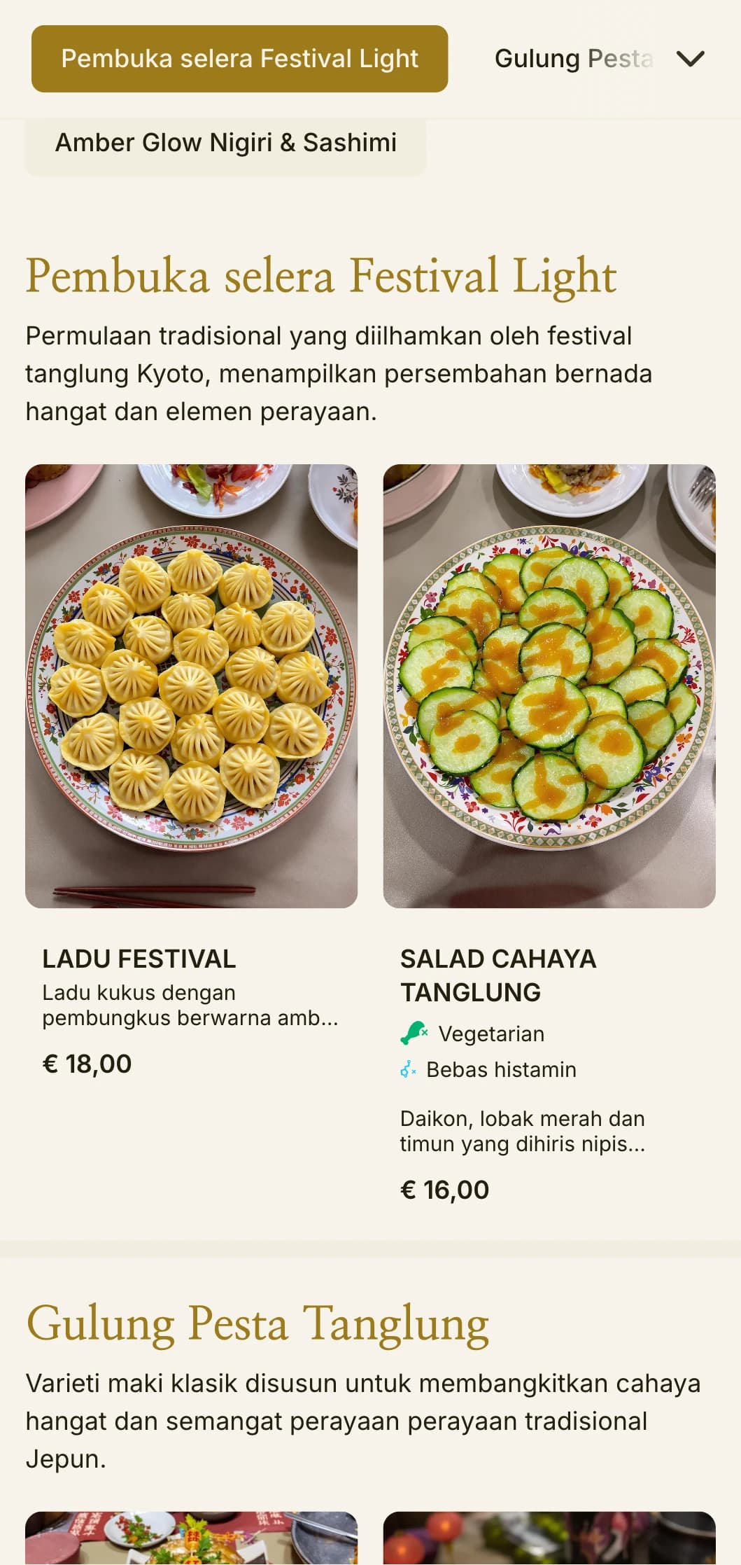 Menu sushi yang diinspirasikan oleh tanglung tradisional dengan rona ambar hangat untuk suasana Jepun yang asli.
