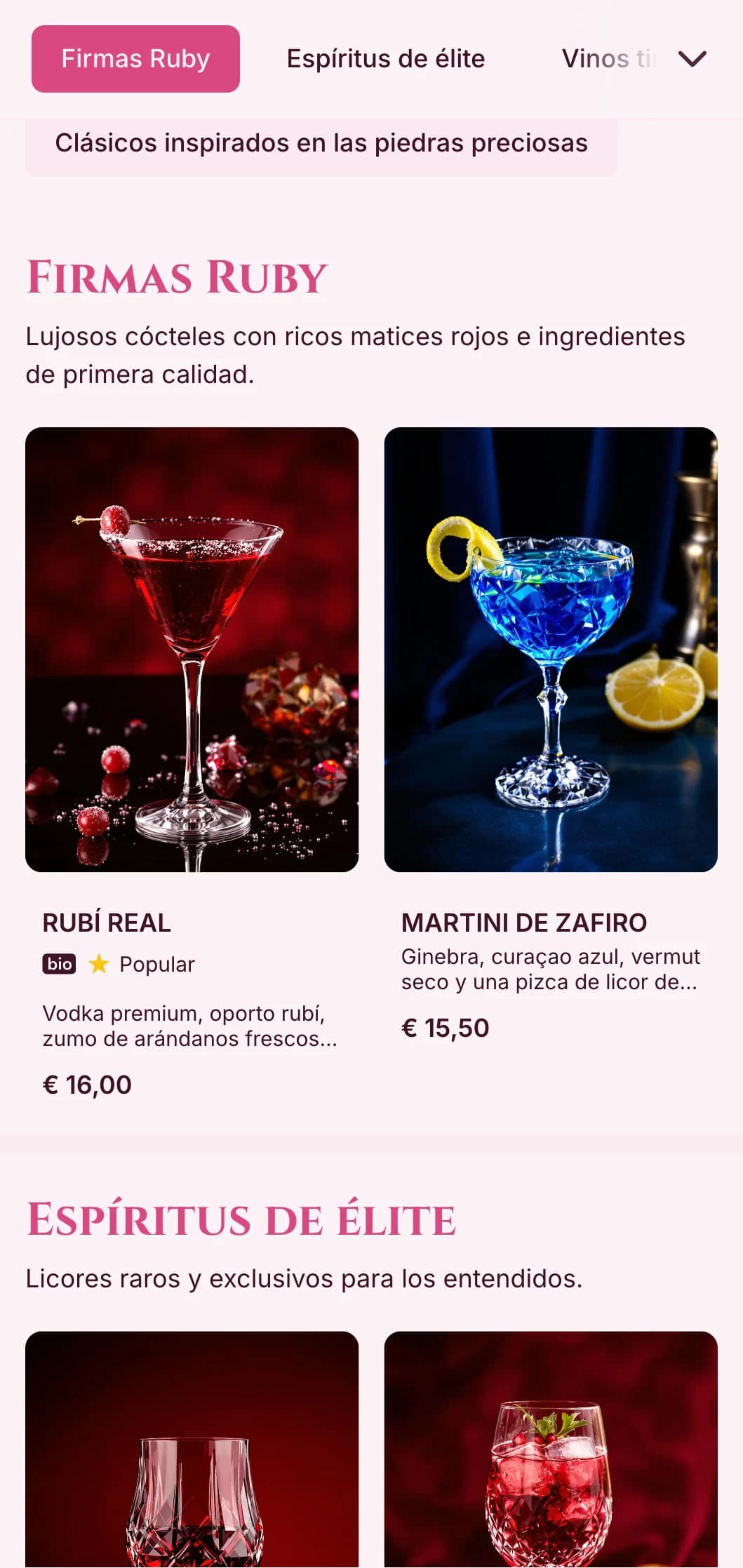 Diseño en rojo intenso con elementos inspirados en gemas para vinotecas y coctelerías de lujo.