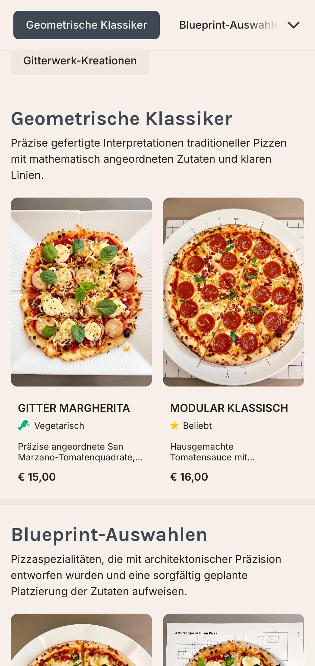 Geometrische, moderne Pizzakarte mit Rasterlayouts und präzisen Designelementen.