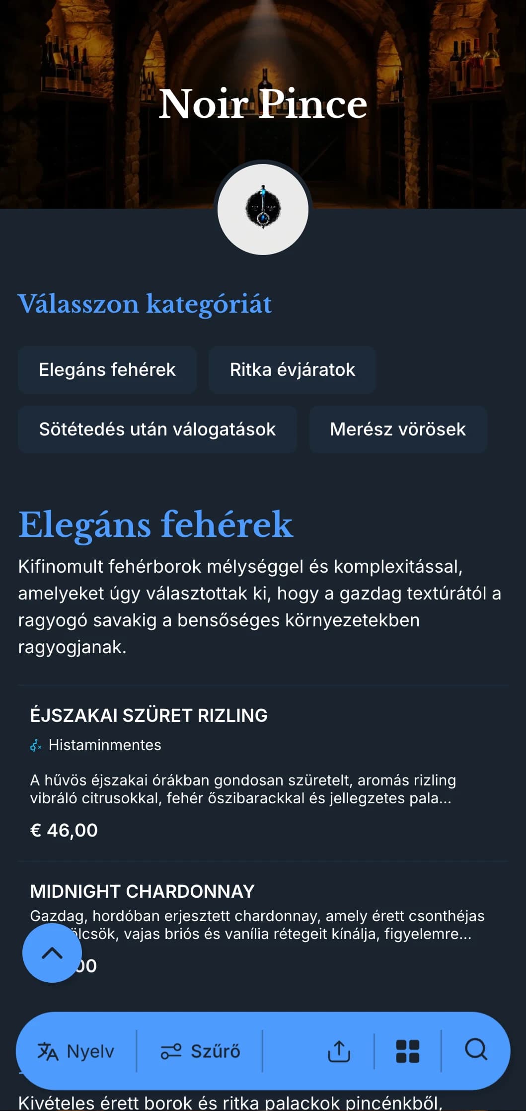 Kifinomult, sötét témájú borlap sablon feltűnő kék akcentusokkal mély tengerészkék háttér előtt, ideális intim borozóhelyiségek és esti rendezvényhelyszínek számára.