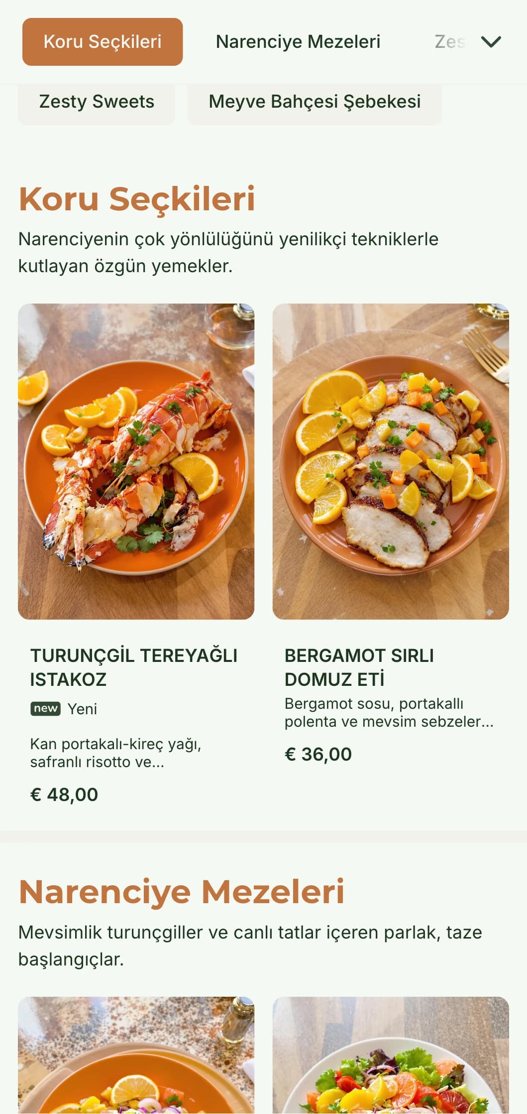 Akdeniz esintileri taşıyan restoranlar için mükemmel olan narenciye tonları ve doğal unsurlar içeren parlak, taze bir akşam yemeği menüsü.