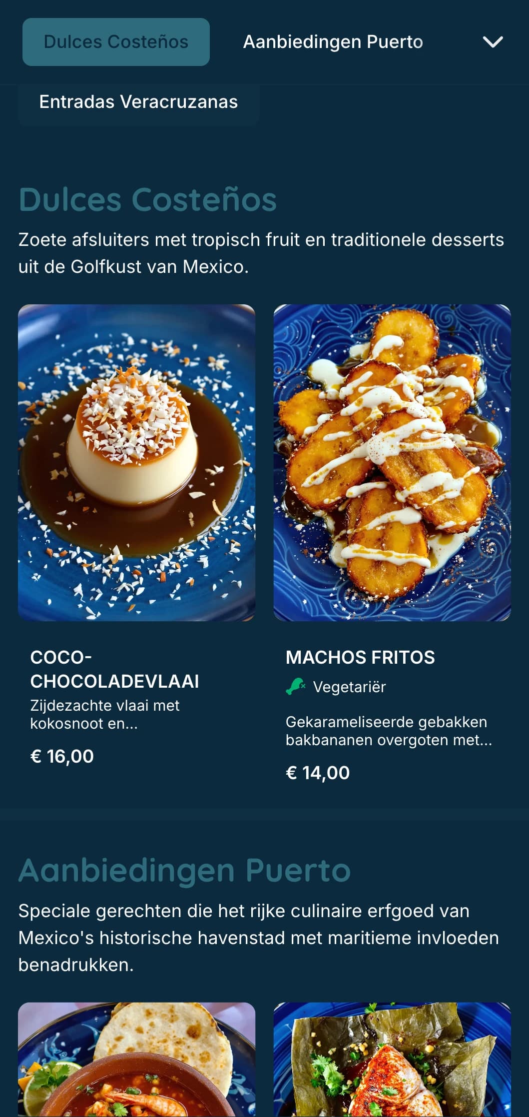 Vers en smakelijk kustmenu met Veracruz-zeevruchtenspecialiteiten met turquoise accenten, kustbeelden en kenmerkende visbereidingen.