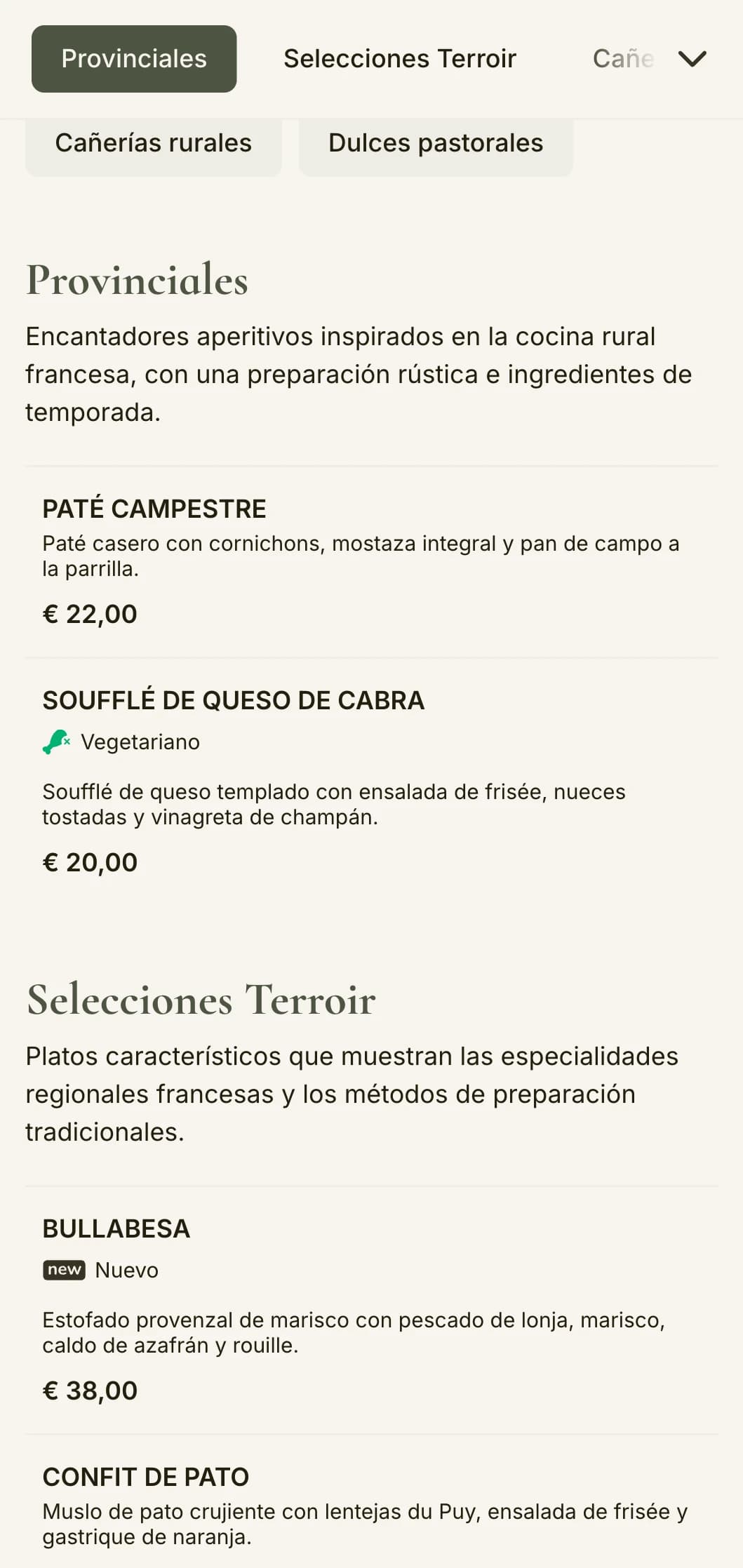 Un encantador menú inspirado en la estética de la campiña francesa, con tonos verde salvia y elegancia rústica.