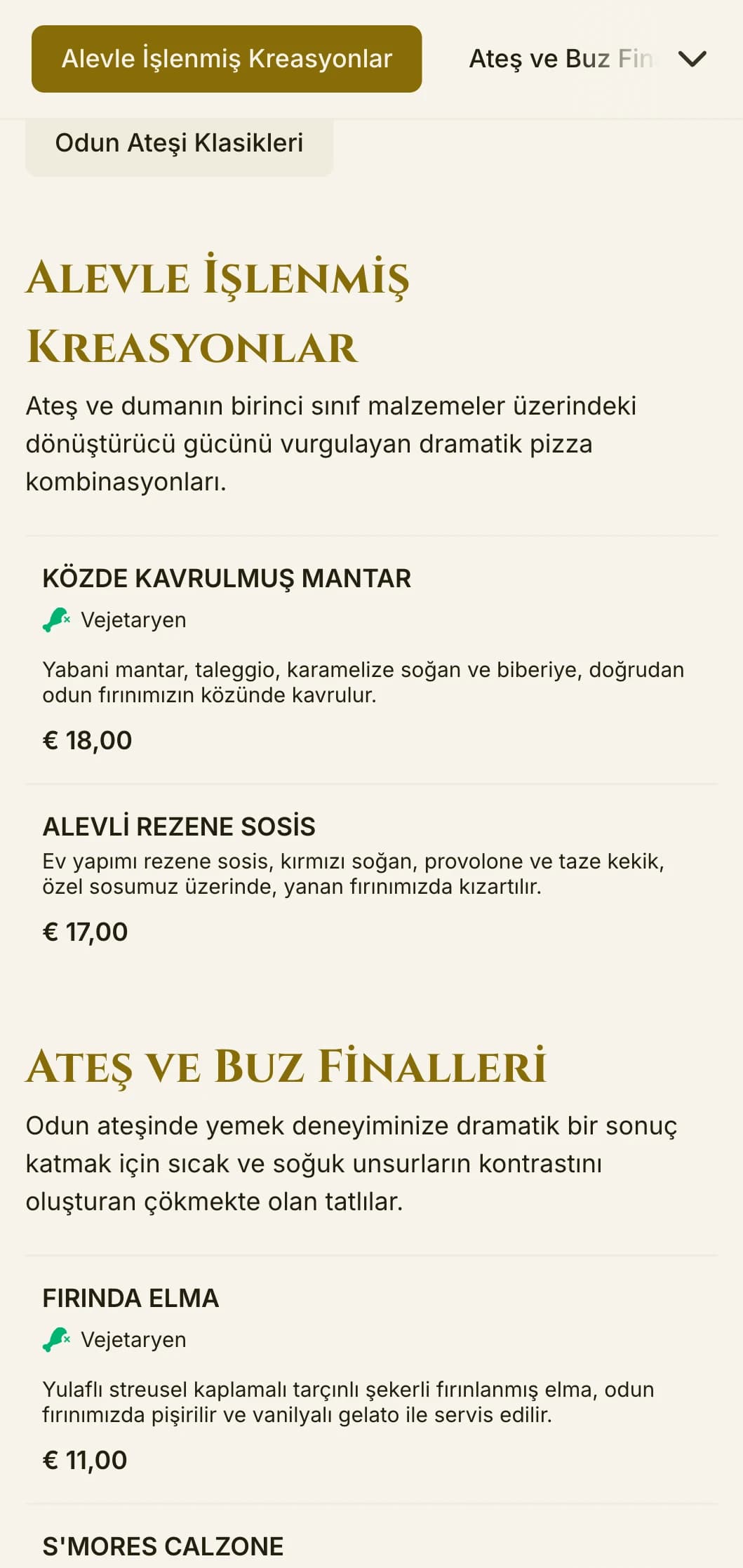 Odun ateşi uzmanları için zengin renkler ve cesur tipografi içeren dramatik pizza menüsü.