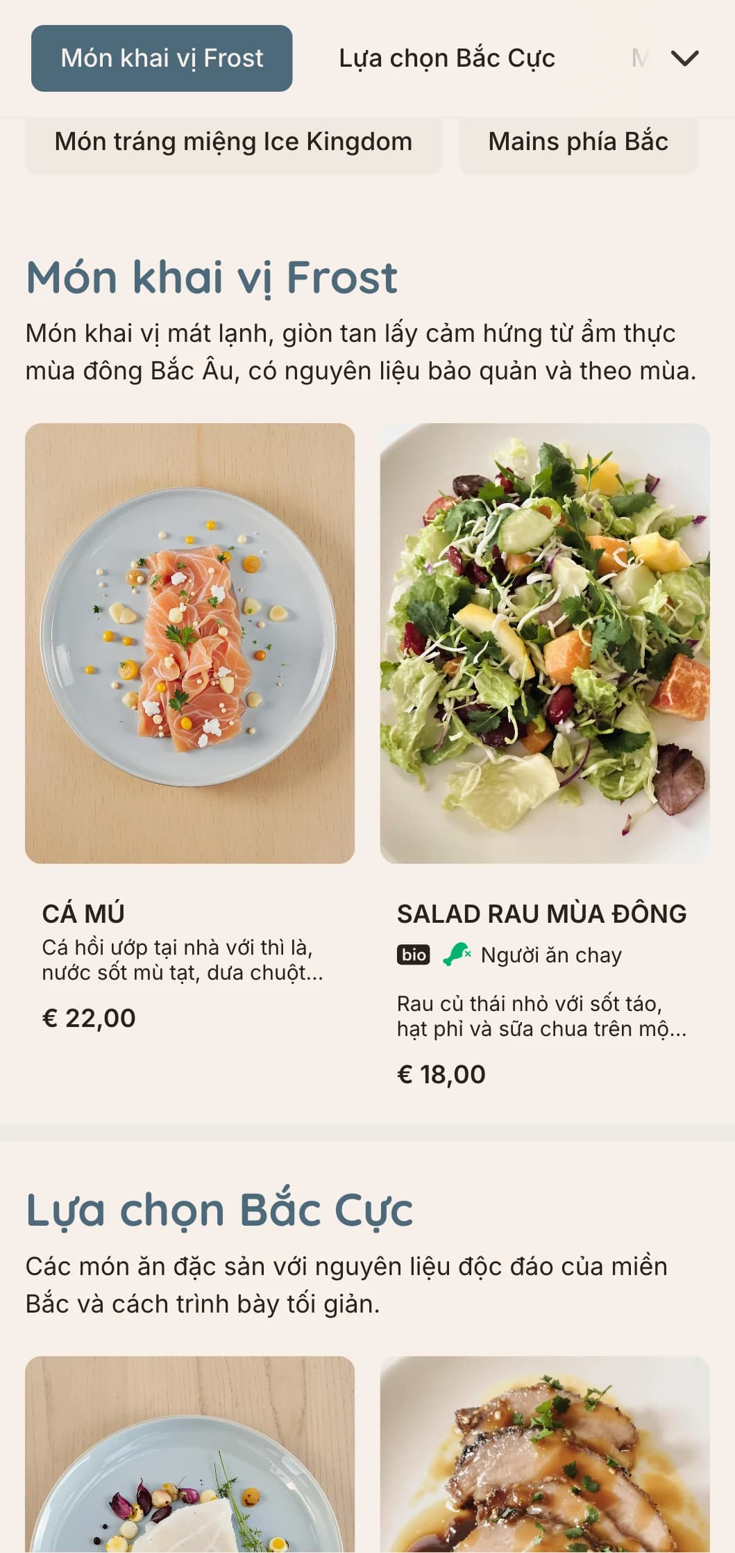 Thực đơn tối mát mẻ, tươi mới mang phong cách mùa đông của Scandinavia, với tông màu xanh băng giá và đường nét gọn gàng, hoàn hảo cho ẩm thực Bắc Âu.
