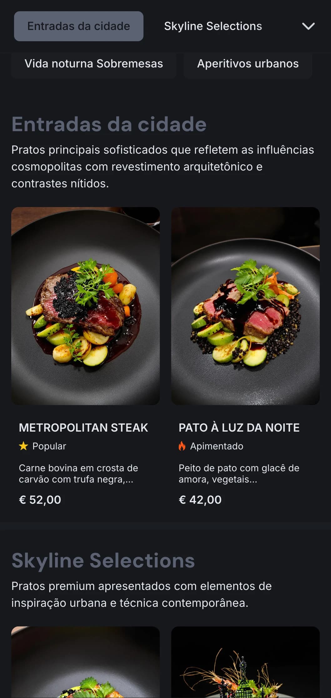 Conceito arrojado e metropolitano com tons escuros e contrastes nítidos para uma experiência gastronômica urbana contemporânea.