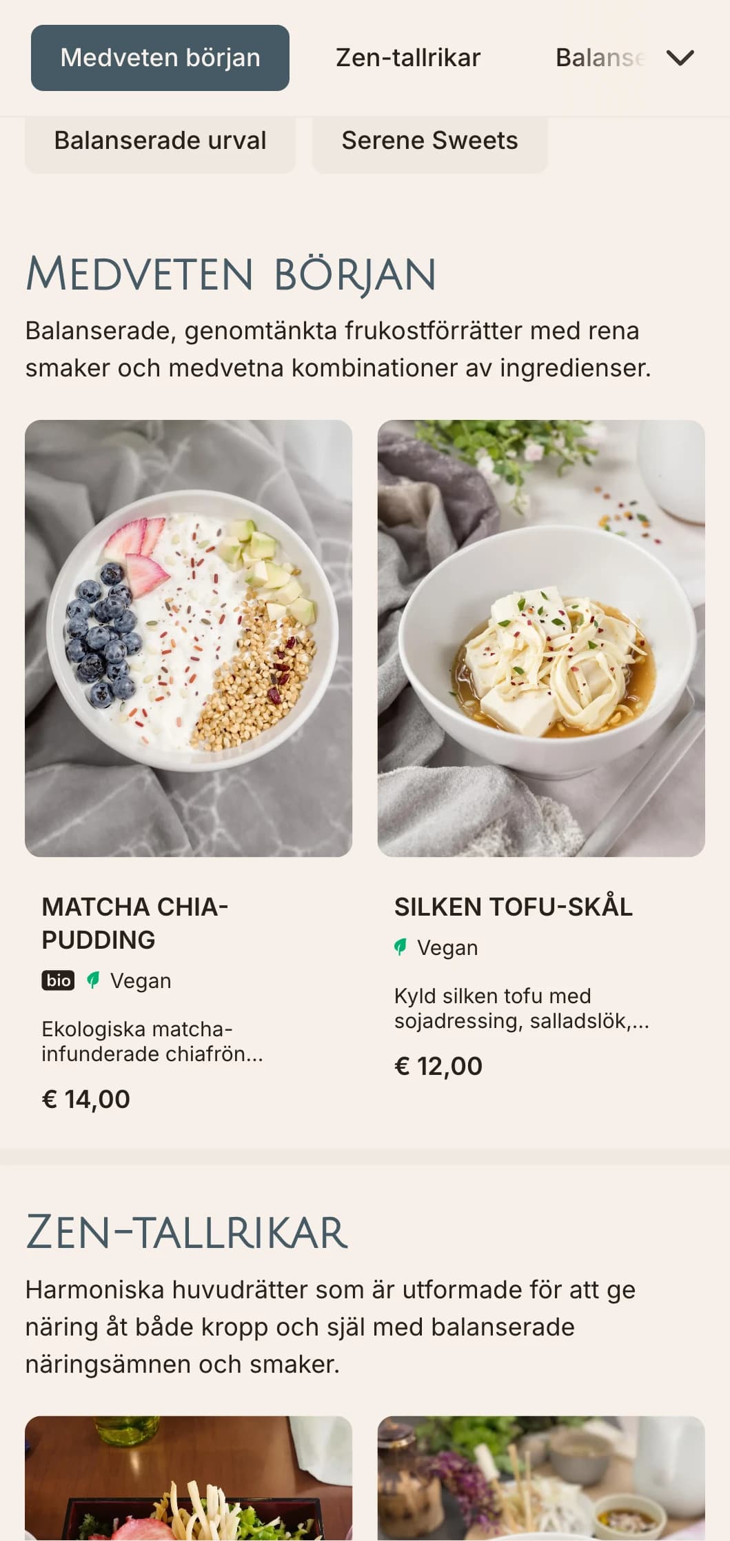 Lugn, balanserad brunchmall med asiatiska influenser, lämplig för hälsocaféer som erbjuder matcha och mindful dining-upplevelser.