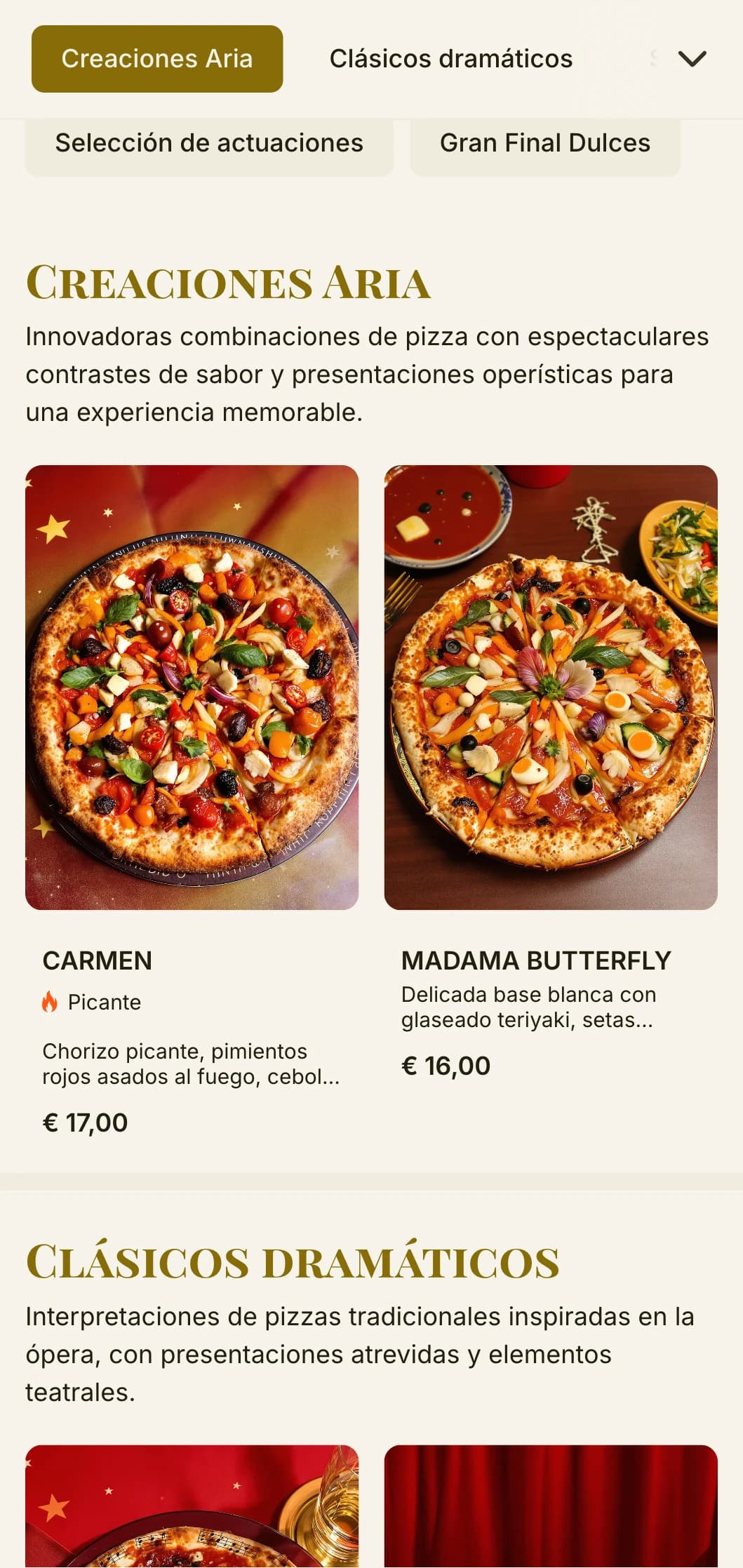 Menú de pizza teatral inspirado en la ópera italiana con una jerarquía visual dramática.