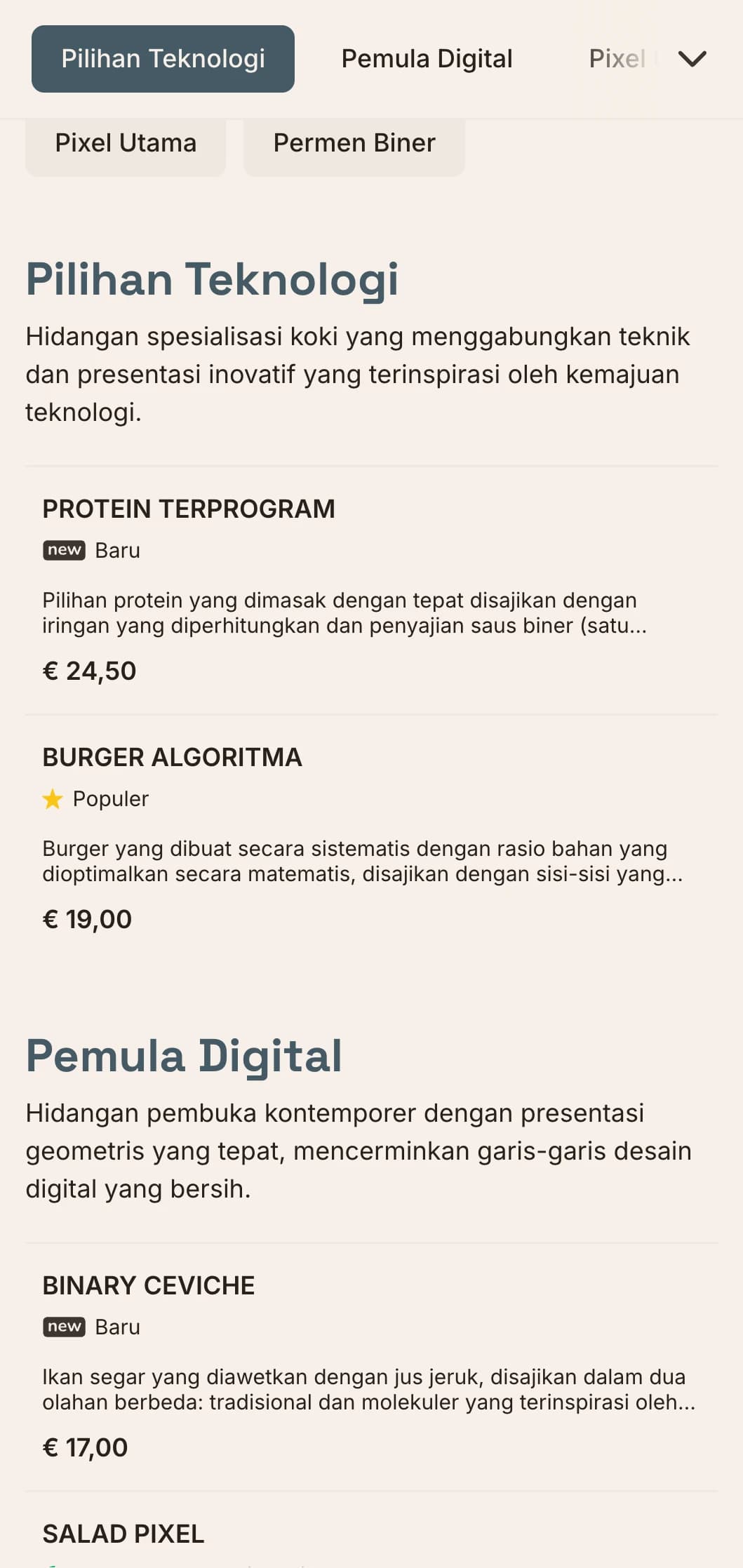 Desain menu makan siang yang terinspirasi dari digital dengan estetika teknologi dan tata letak kisi-kisi yang tepat, cocok untuk restoran di distrik inovasi dan dekat dengan perusahaan teknologi.
