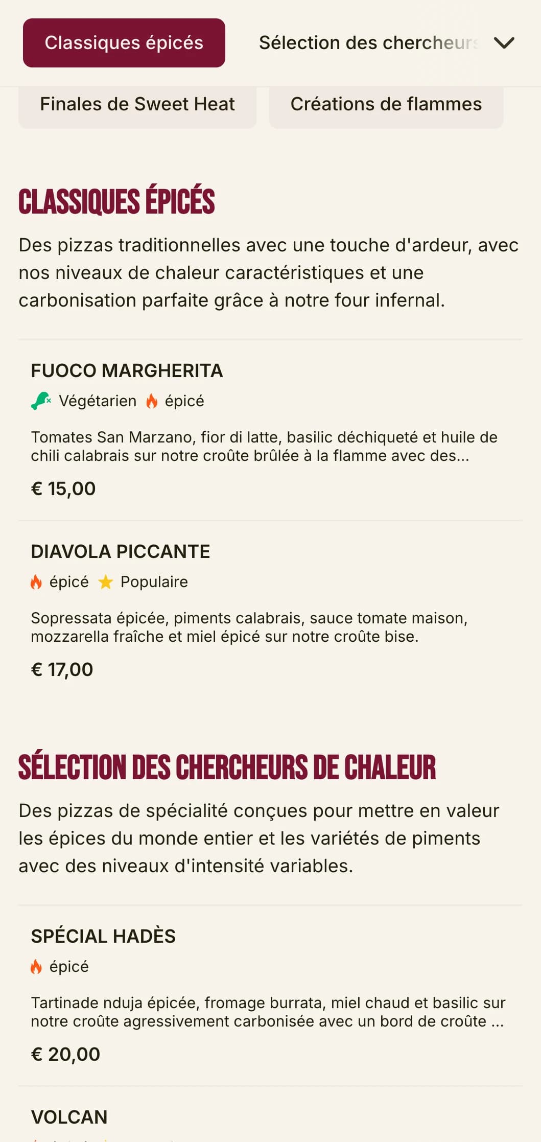 Menu de pizza énergique avec une typographie audacieuse et des couleurs vives pour les spécialistes de la pizza épicée.
