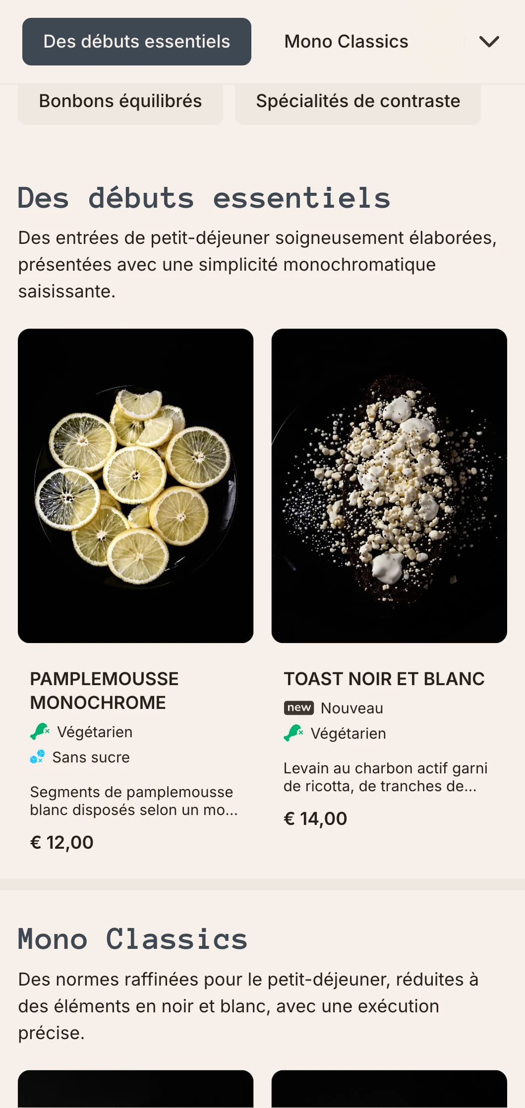 Des options matinales élégantes et monochromes avec une composition précise et des profils de saveurs contemporains.