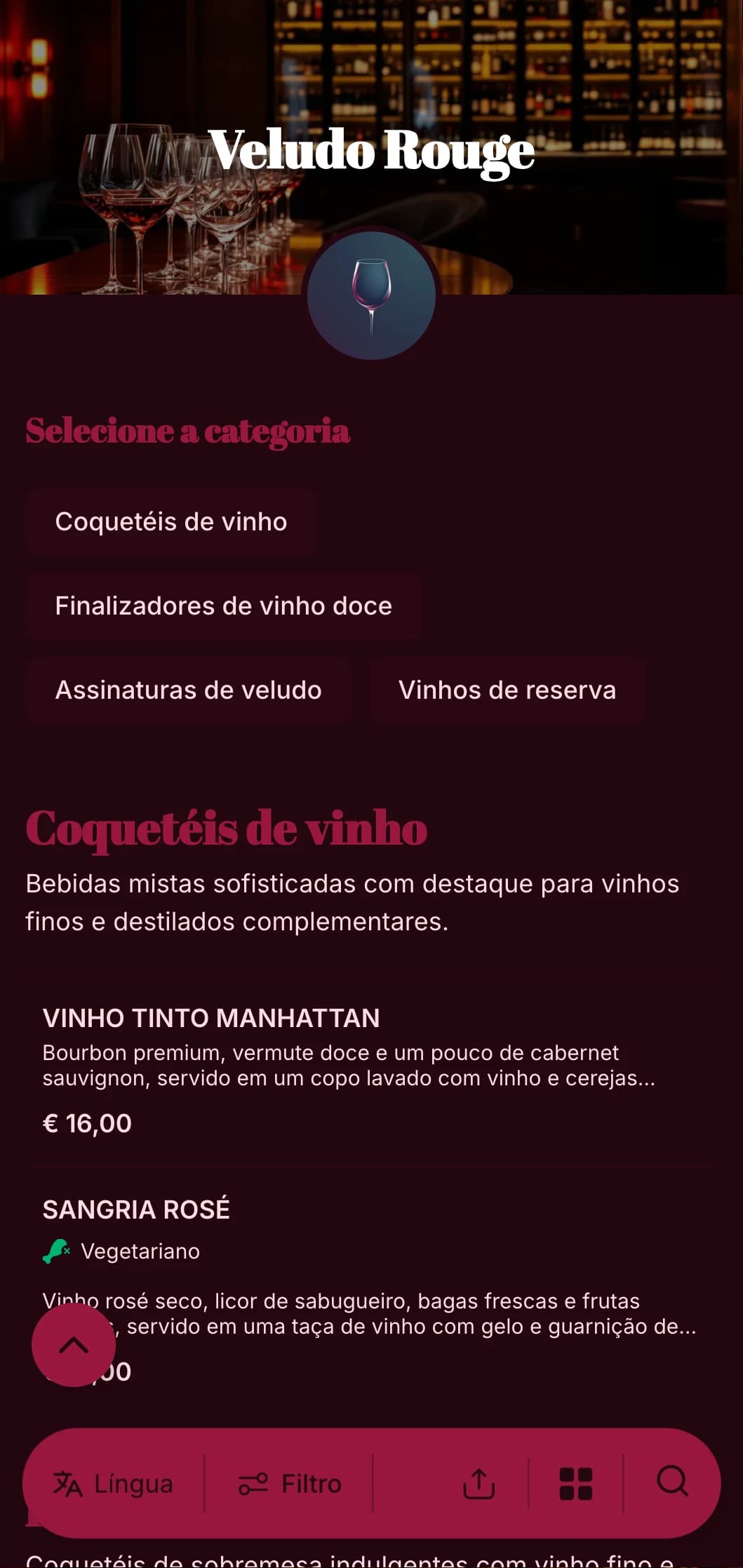 Um design luxuoso e dramático para bares e lounges de vinhos de luxo, com tons vermelhos ricos e tipografia ousada.