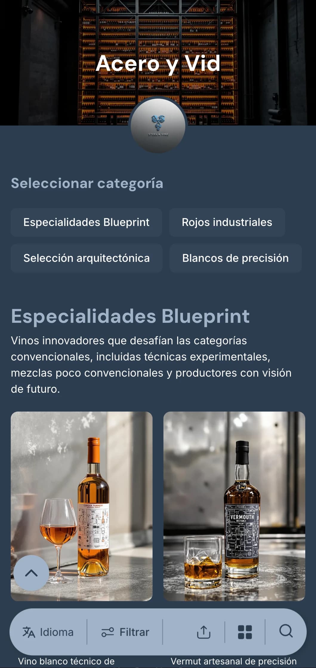 Plantilla de carta de vinos moderna e industrial con detalles en azul acero y elementos arquitectónicos, ideal para vinotecas urbanas y espacios gastronómicos contemporáneos.