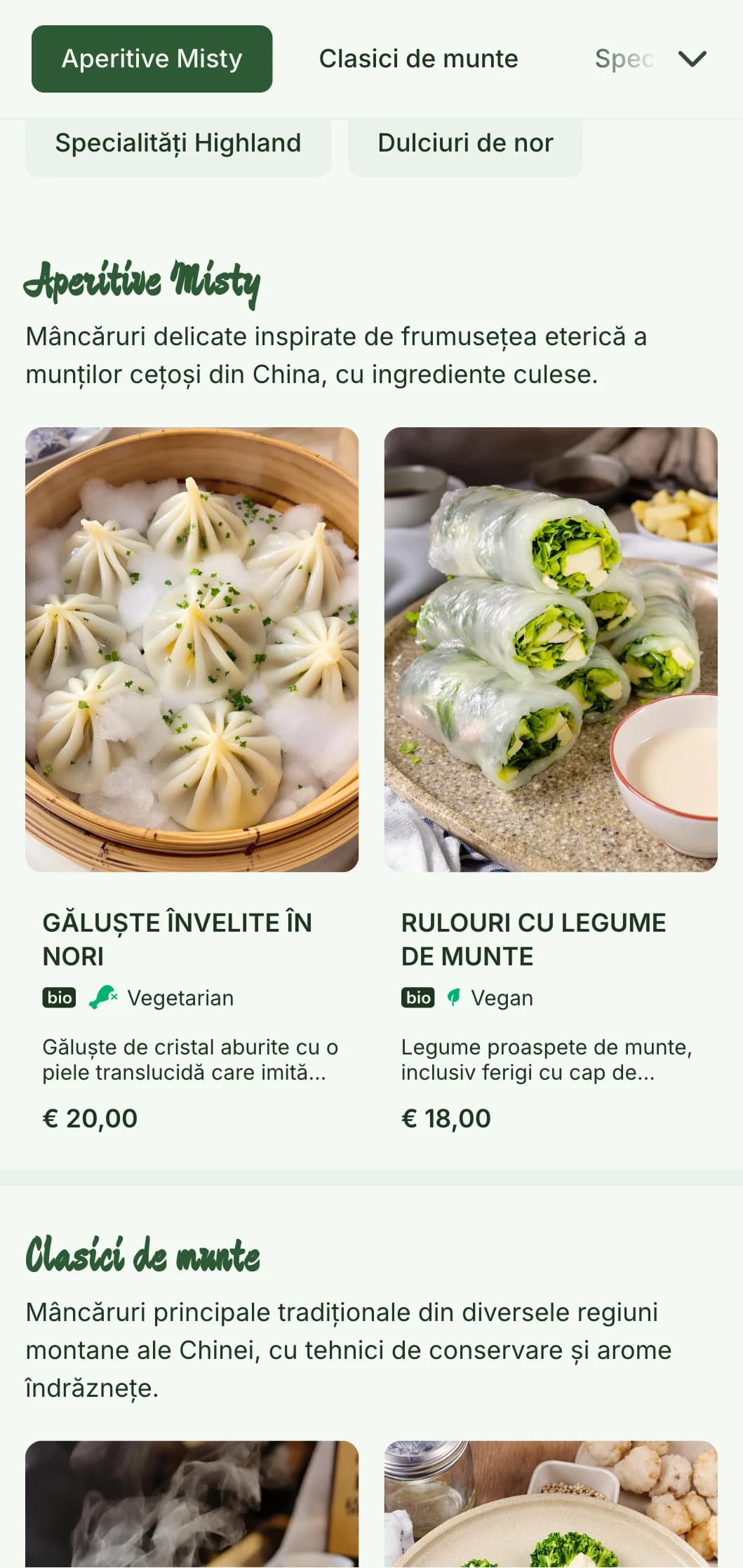 Design de meniu chinezesc senin, inspirat de peisajele montane și estetica cețoasă pentru restaurante care se concentrează pe bucătăria regională.