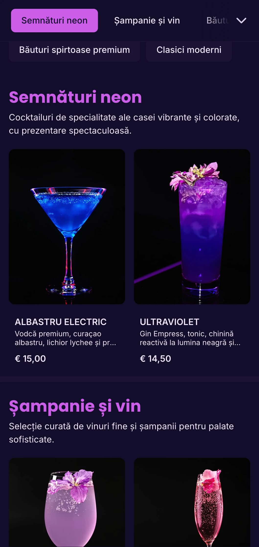 Design vibrant violet și ultraviolet pentru cluburi de noapte trendy și cocktail lounge-uri.