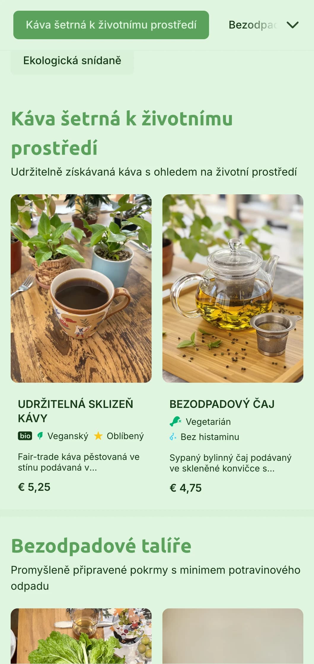 Zemitý zelený design s důrazem na organické suroviny pro kavárny a ekologické restaurace.