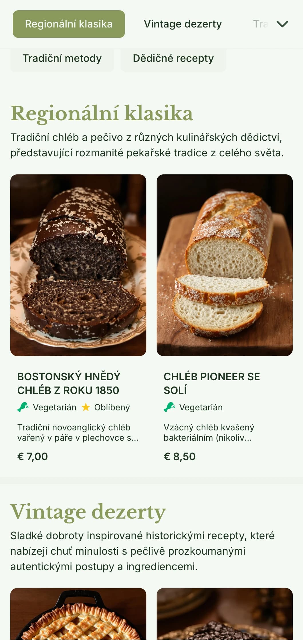 Tradiční, dědictvím inspirovaný design jídelního lístku pekárny s olivově zelenými tóny a klasickou typografií, ideální pro pekárny zaměřené na historické recepty.