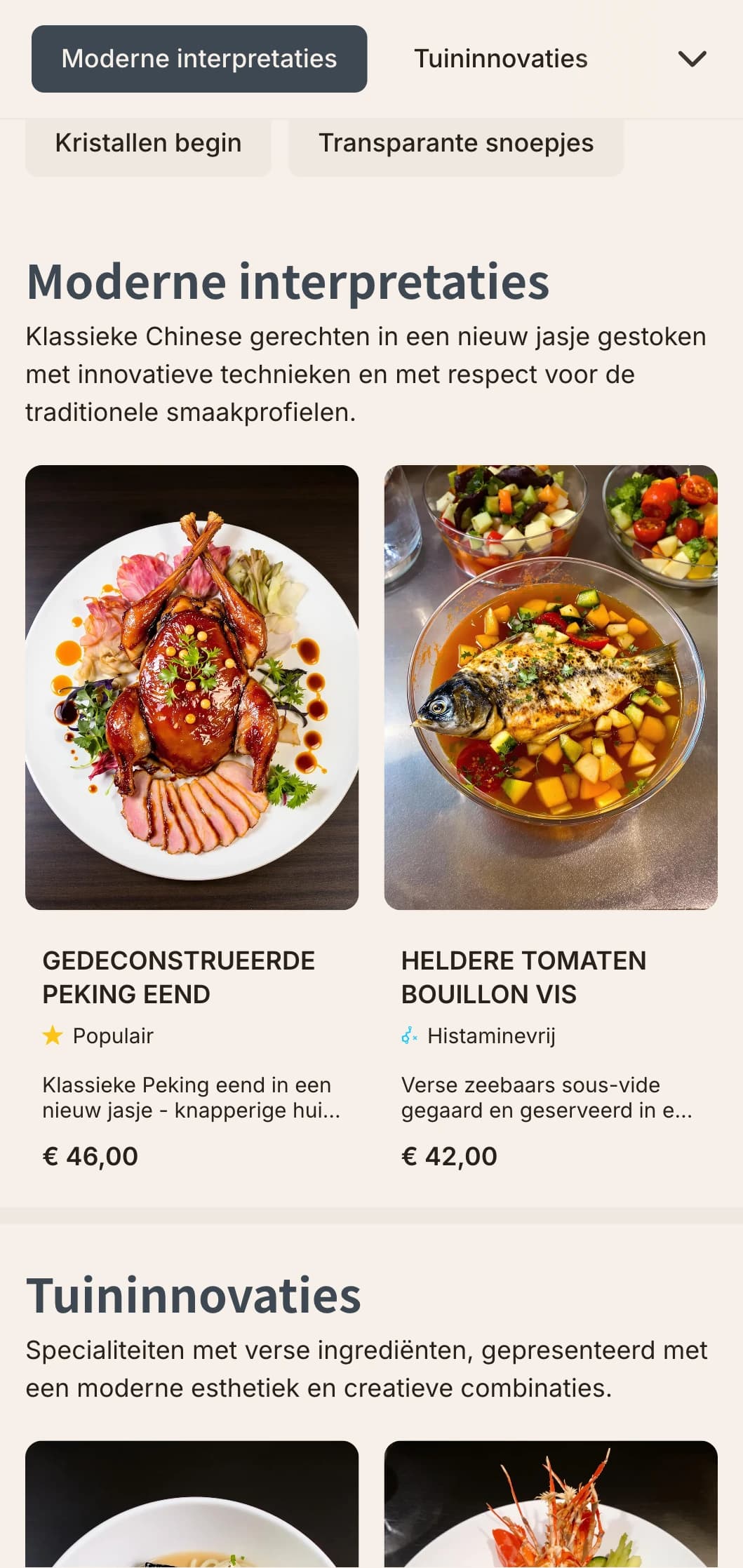 Hedendaags Chinees menu-ontwerp met op kristal geïnspireerde elementen en tuinmotieven voor moderne fusionrestaurants.