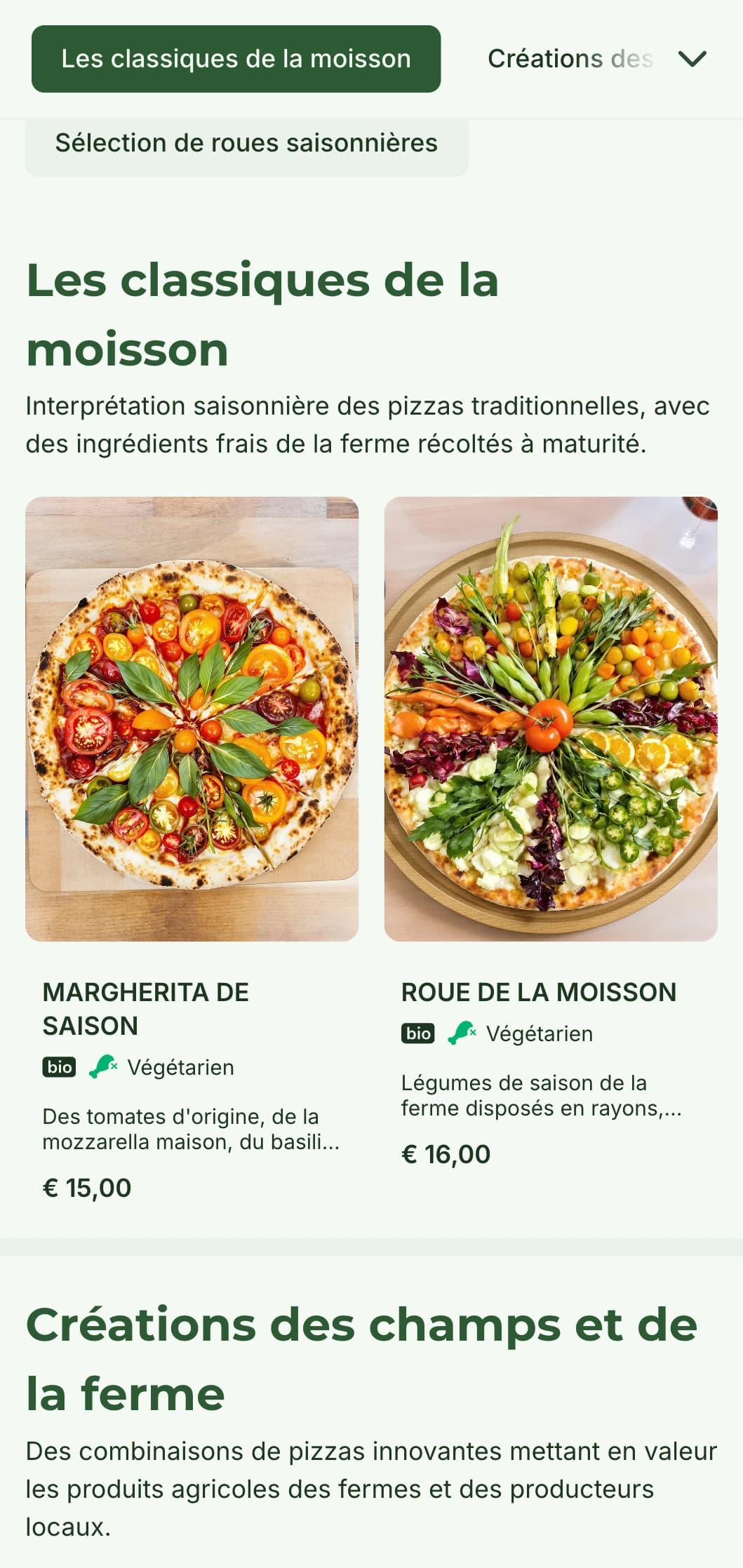 Une carte de pizzas de la ferme à la table qui met en valeur les ingrédients de saison et la préparation rustique.