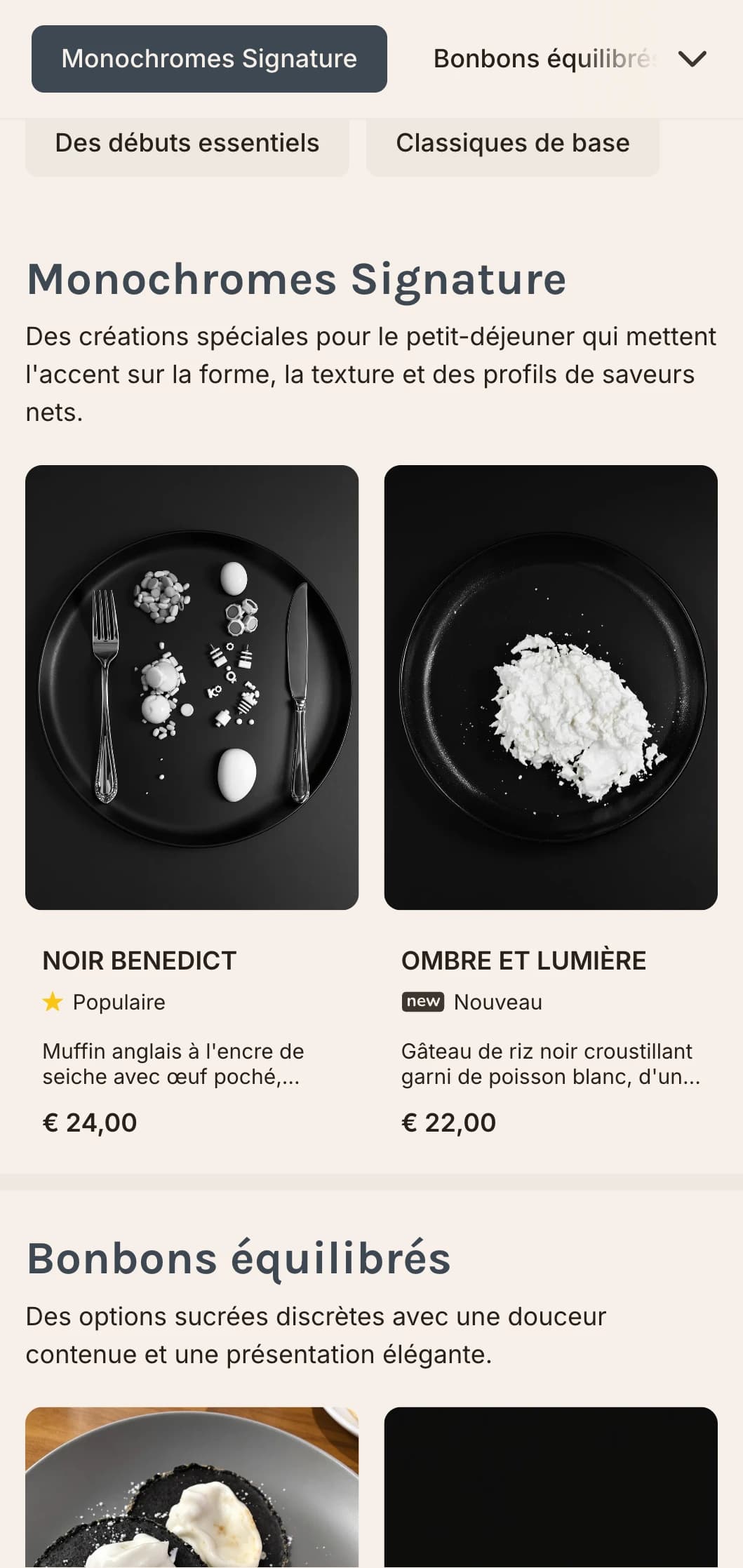 Des options de petit-déjeuner élégantes et raffinées, présentées dans une palette monochromatique saisissante, pour les dîneurs soucieux du design.