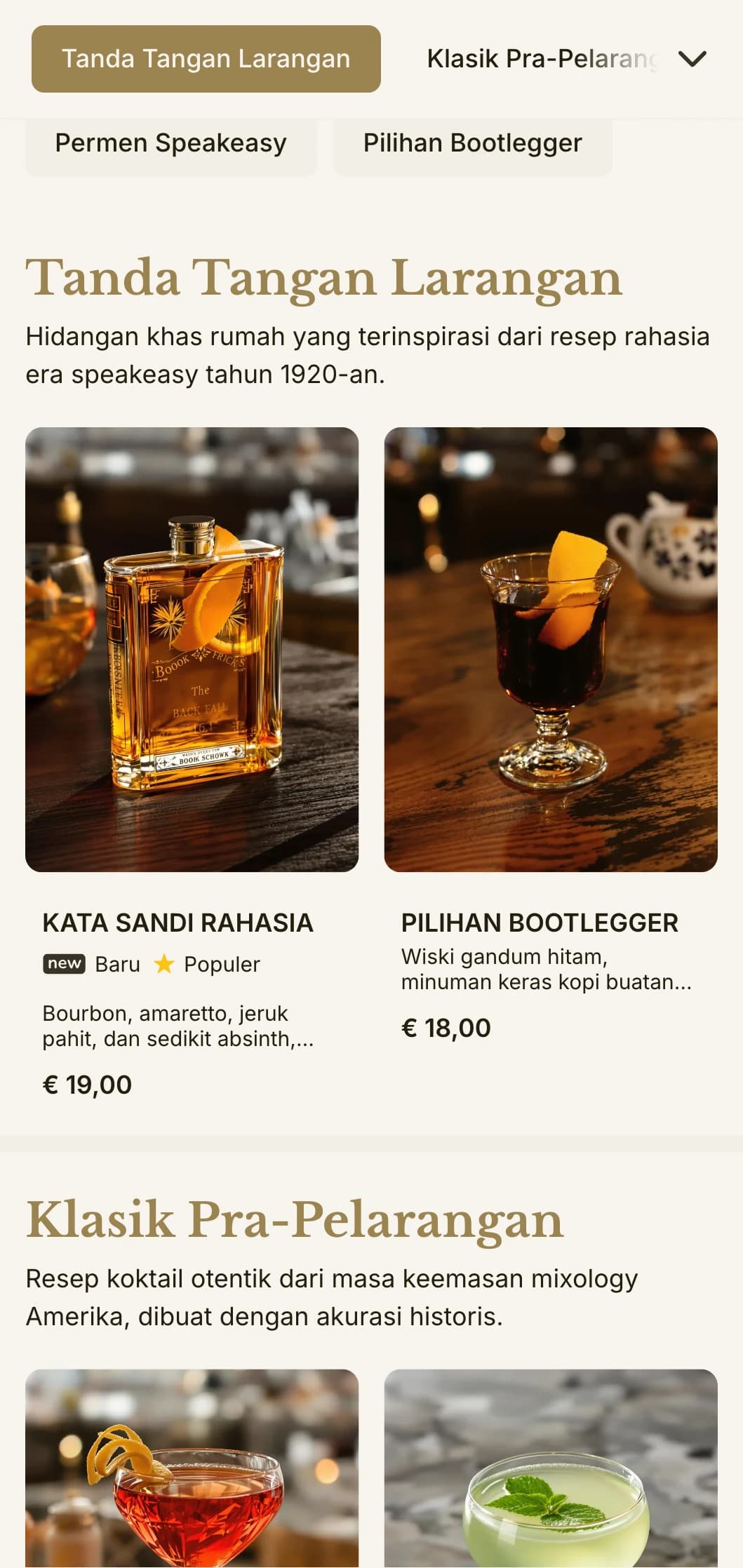Desain yang terinspirasi dari era larangan untuk bar bertema speakeasy, dengan tipografi vintage dan aksen emas yang halus.