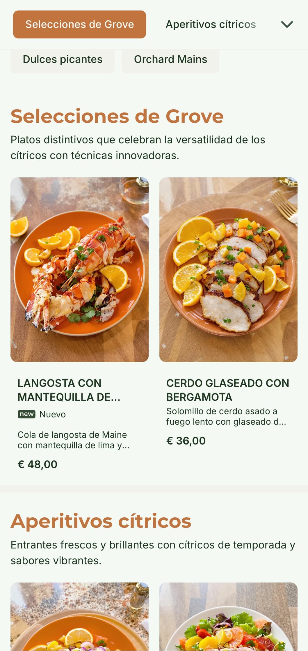 Un menú luminoso y fresco con tonos cítricos y elementos naturales, perfecto para restaurantes con influencias mediterráneas.