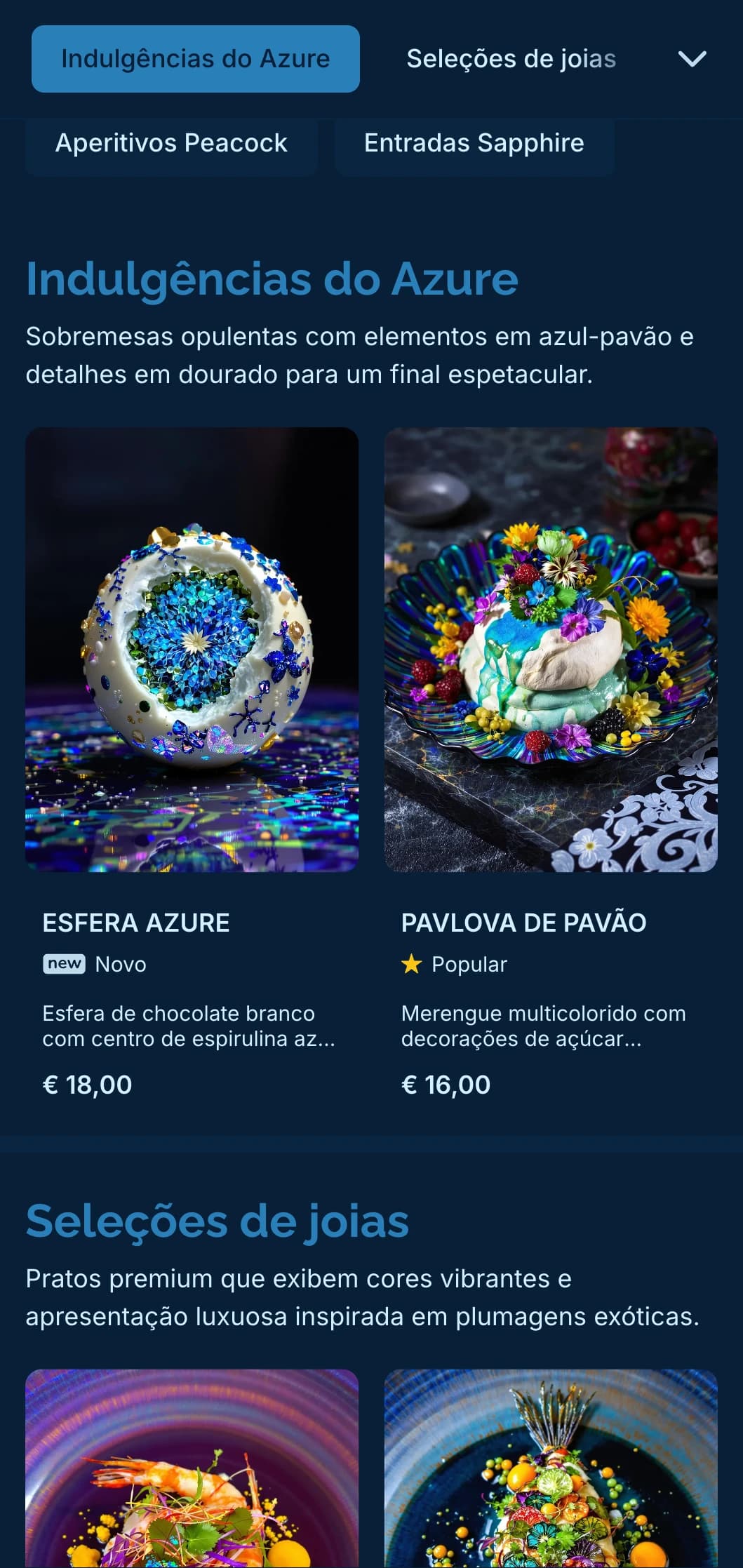 Conceito vibrante, porém sofisticado, com tons de azul-pavão e sutis detalhes em dourado para uma experiência gastronômica luxuosa.