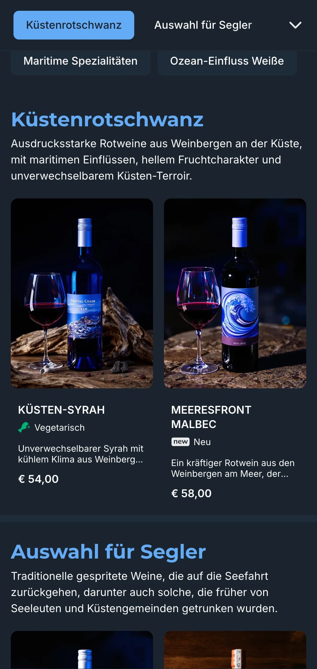 Mediterran inspirierte, dunkle Weinkartenvorlage mit leuchtend blauen Akzenten, perfekt für abendliche Restaurants an der Küste und Weinerlebnisse am Meer.