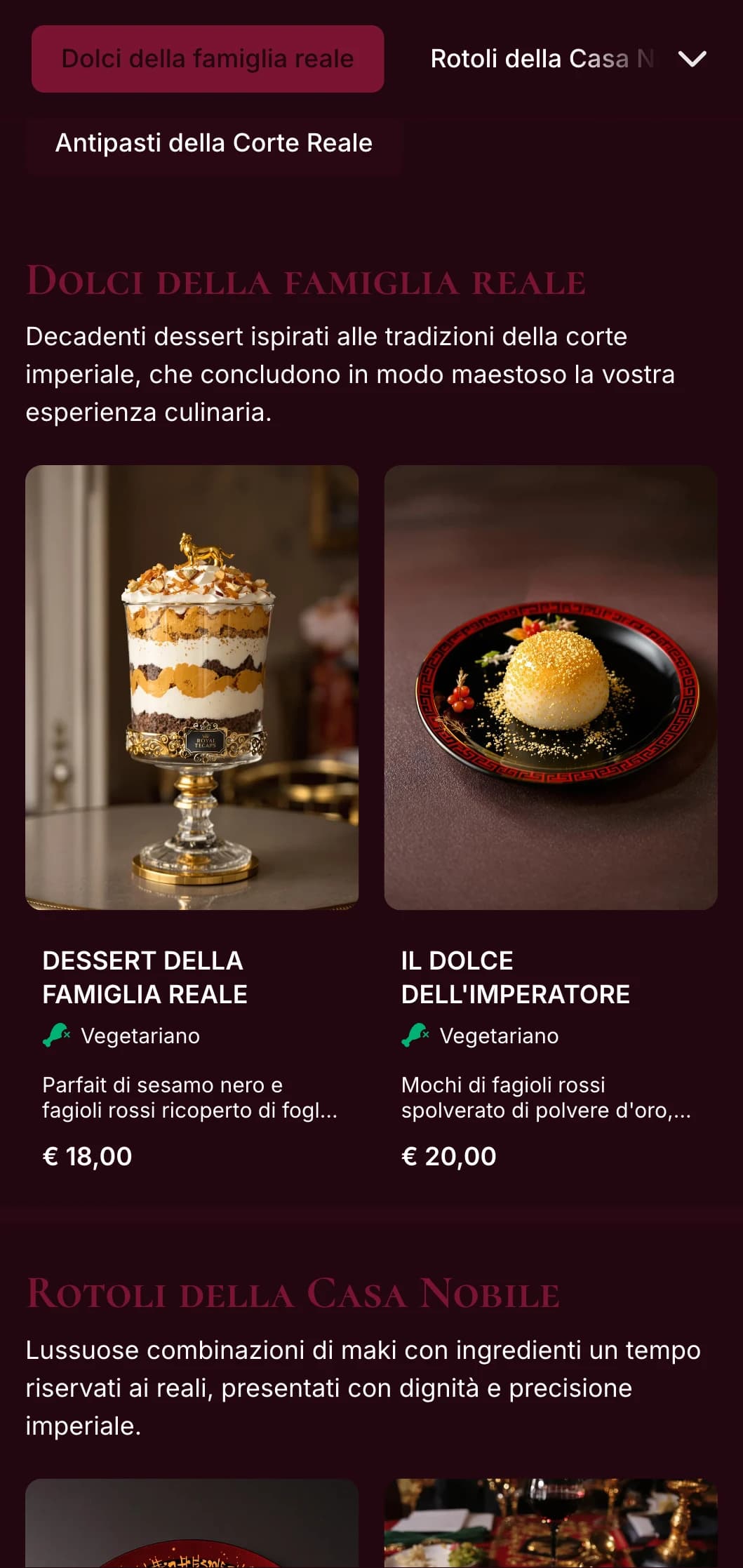 Lussuoso menu di sushi tradizionale con accenti imperiali rossi e oro per un'esperienza culinaria di alto livello.