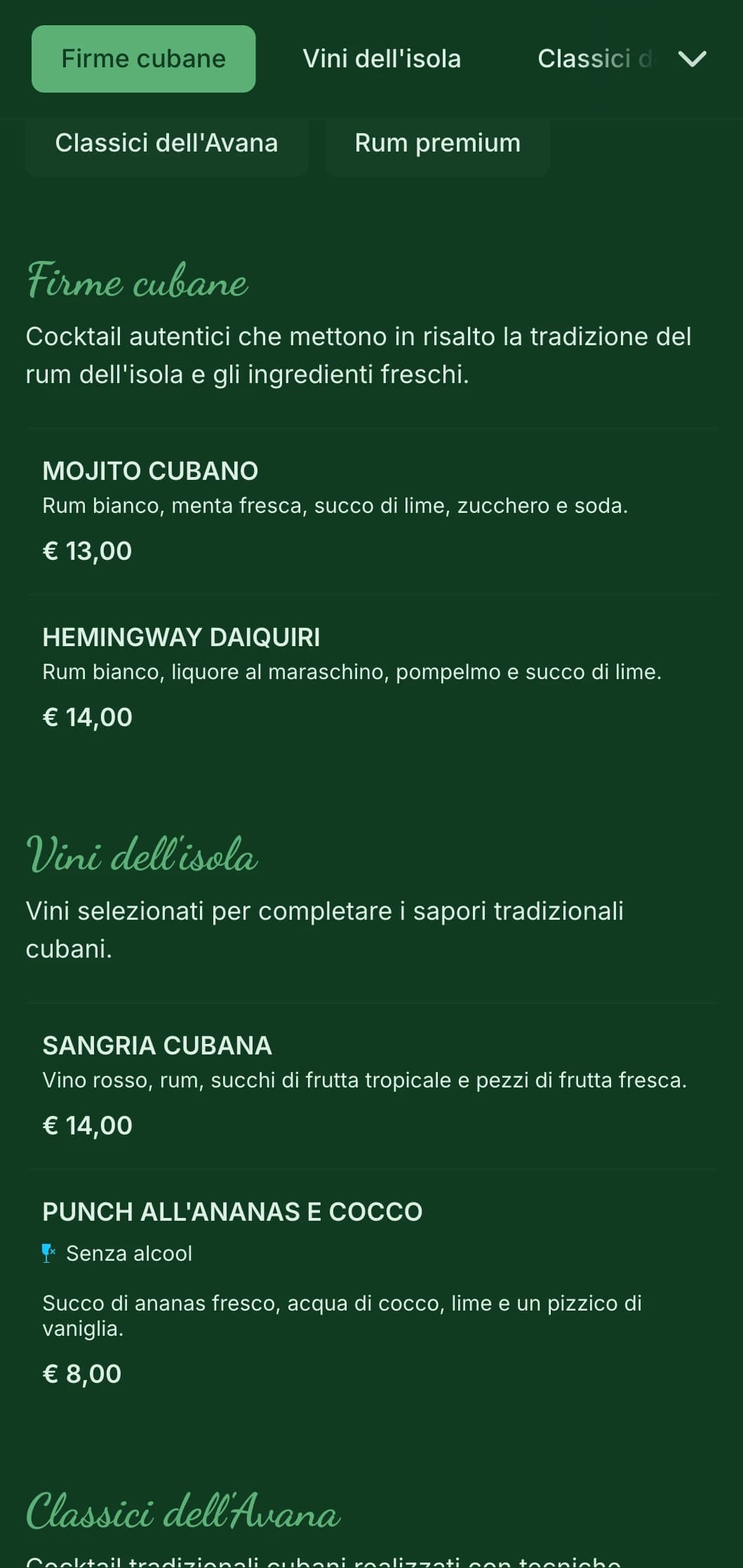 Design verde tropicale con elementi vintage per i rum bar di ispirazione cubana.
