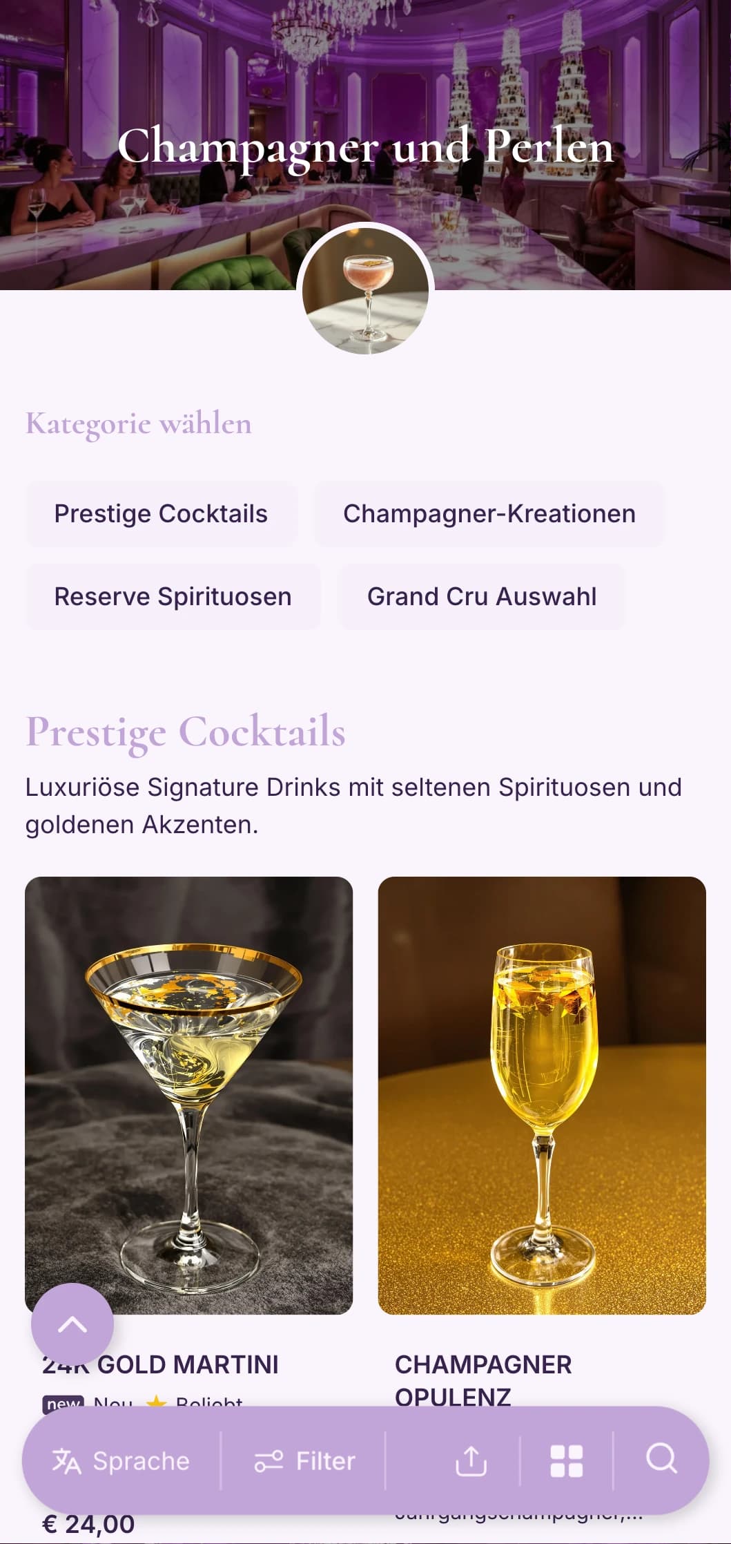 Zartes lavendelfarbenes und perlweißes Design für edle Champagner- und Cocktail-Lounges.