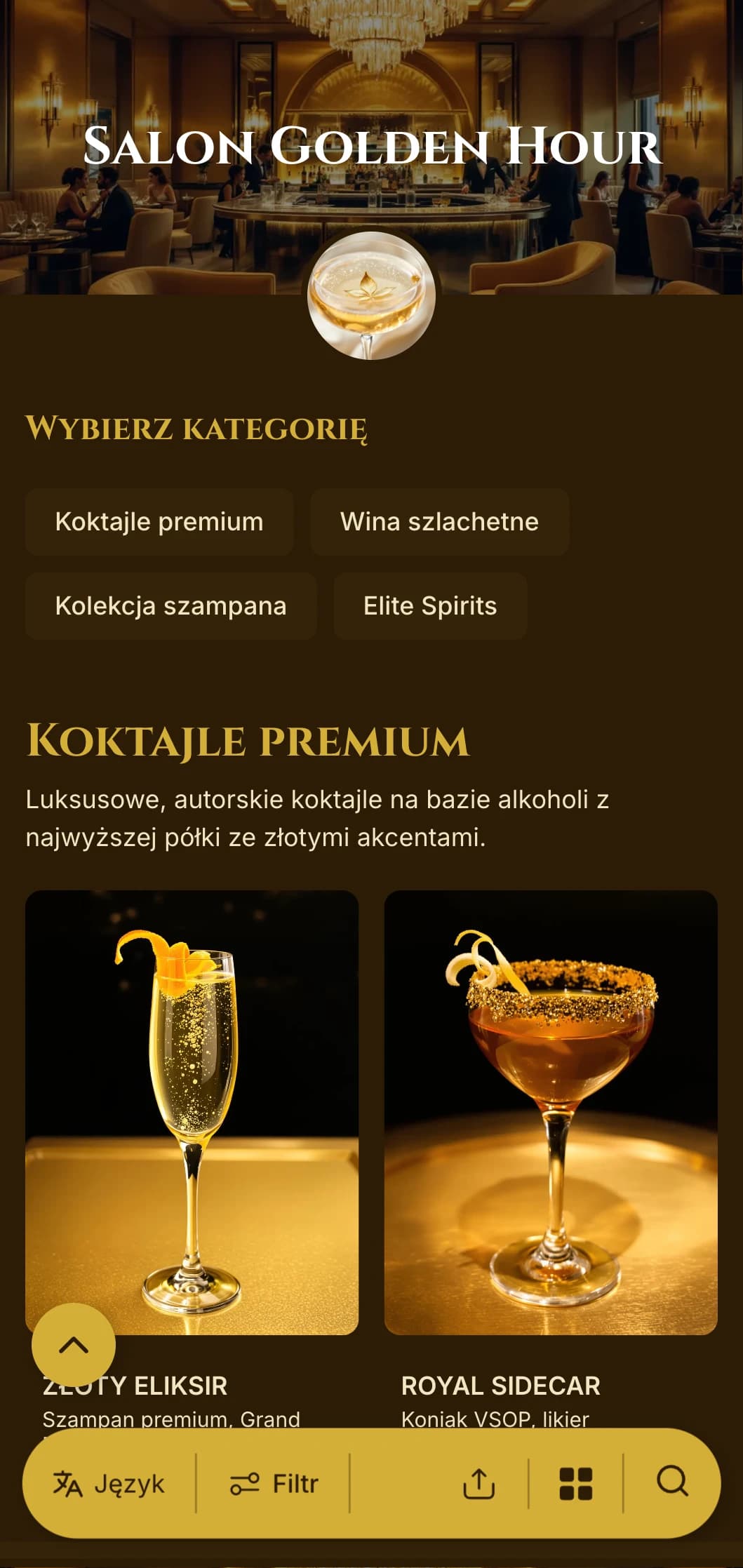 Luksusowy design w odcieniach złota dla wysokiej klasy barów koktajlowych i salonów VIP.