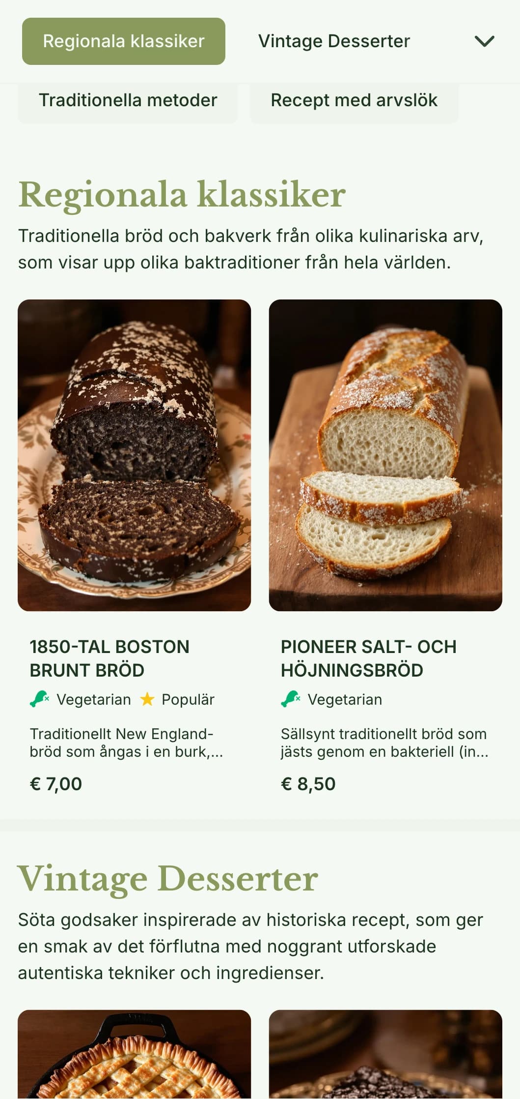 En traditionell, arvslottsinspirerad bagerimeny med olivgröna toner och klassisk typografi, perfekt för bagerier som fokuserar på historiska recept.