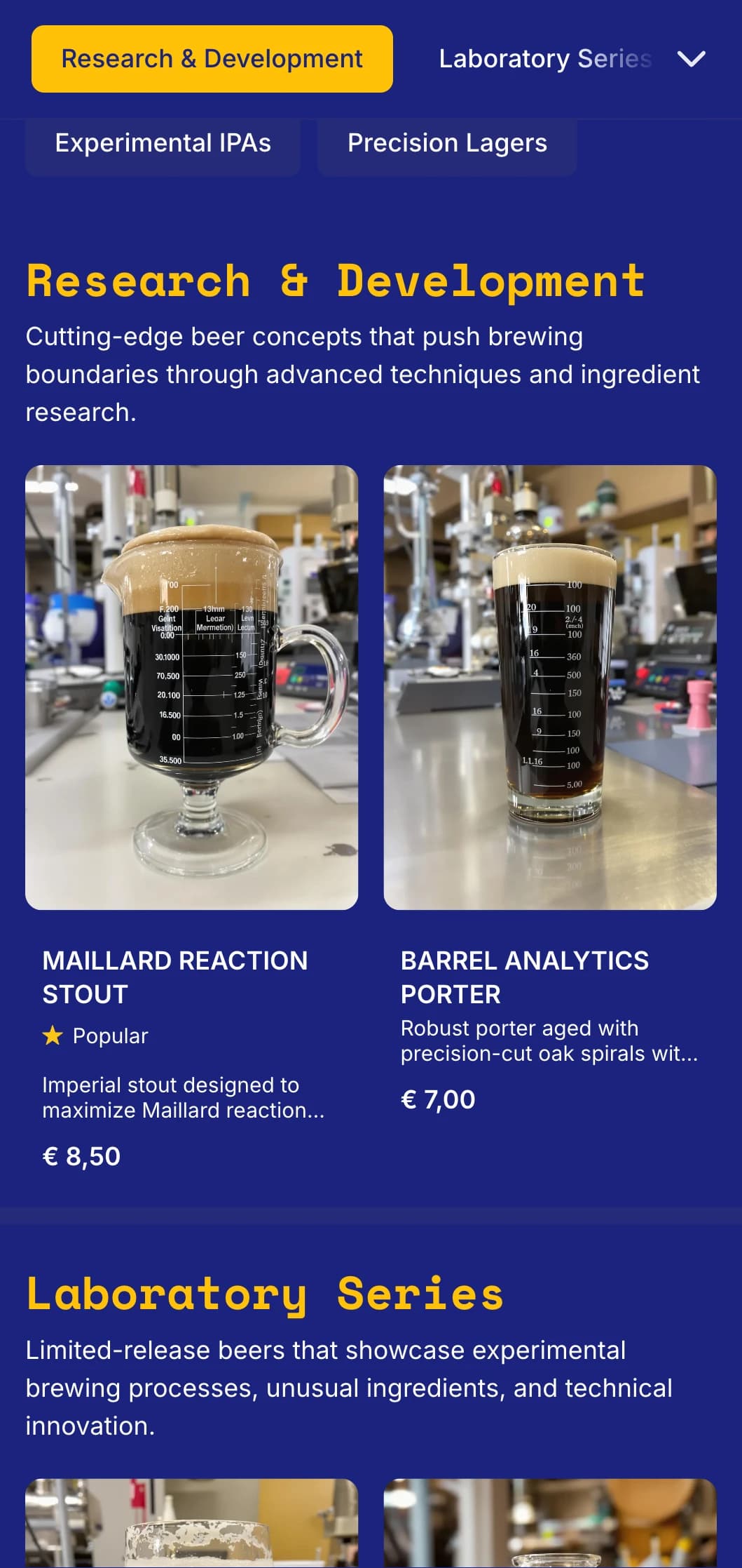 Modern scientific aesthetic for experimental breweries and beer labs, featuring precision graphics and technical details.