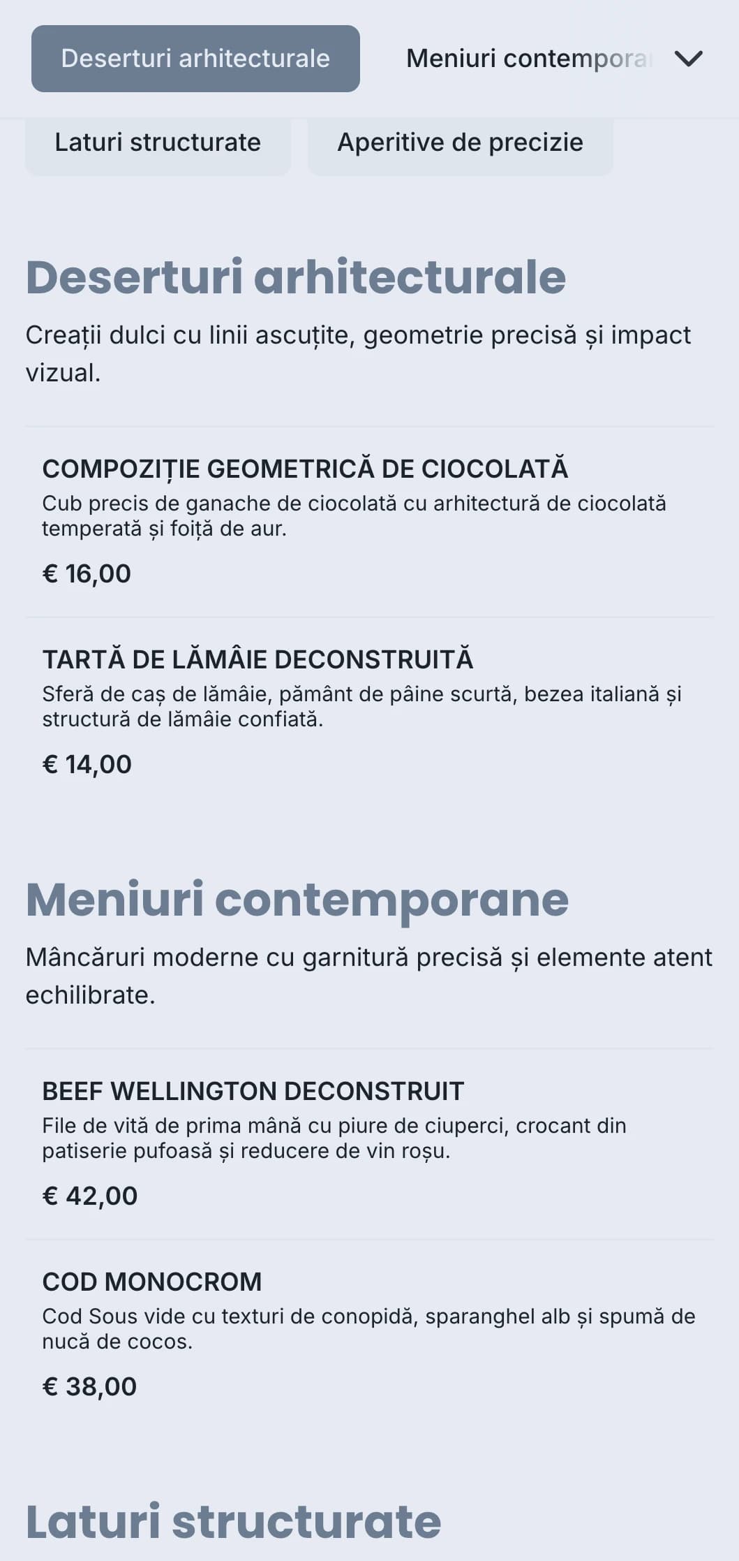 Design de catering curat, structurat, cu plating geometric, porții precise și scheme de culori monocromatice pentru evenimente contemporane.