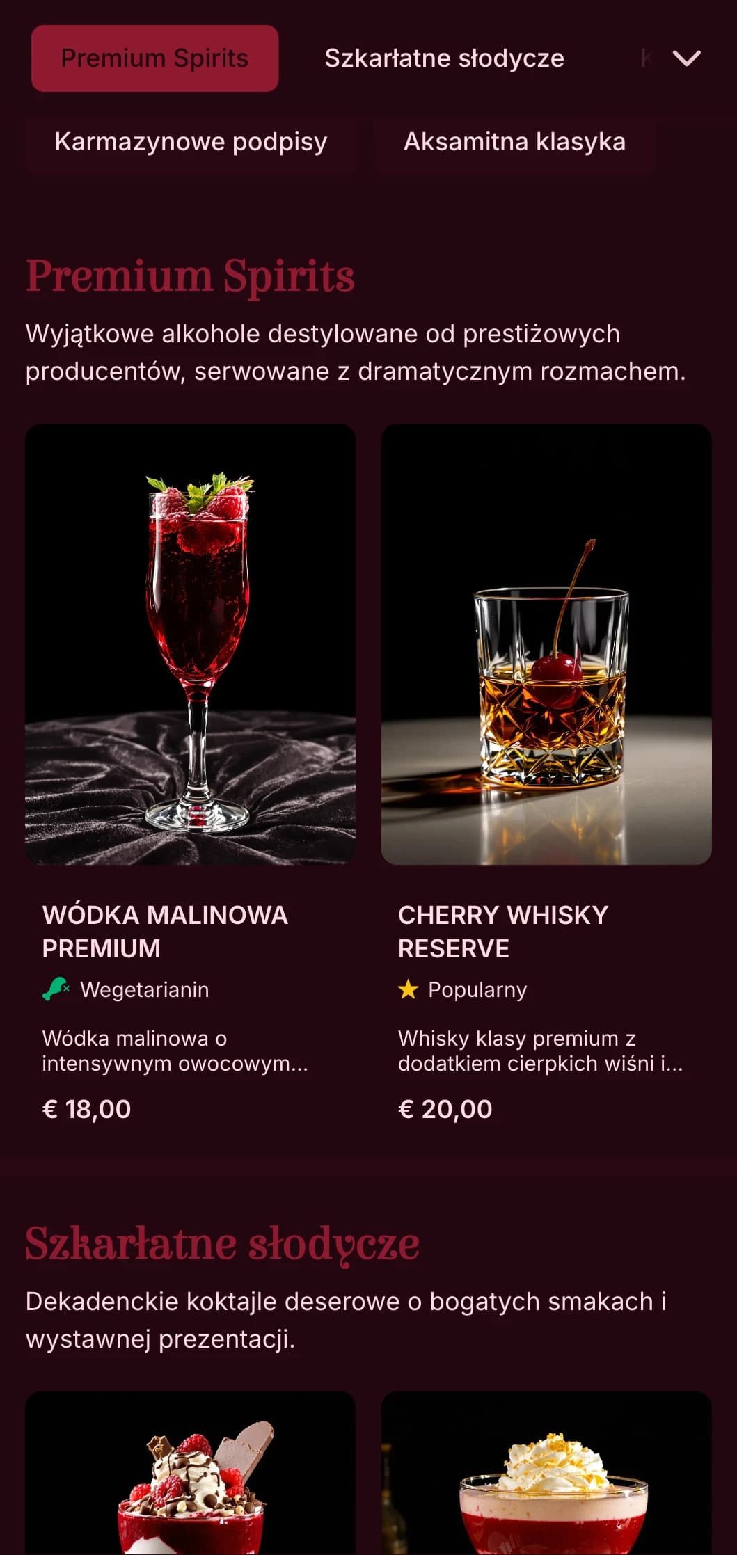 Luksusowy, inspirowany teatrem projekt dla ekskluzywnych salonów koktajlowych z bogatymi karmazynowymi odcieniami i dramatyczną typografią.